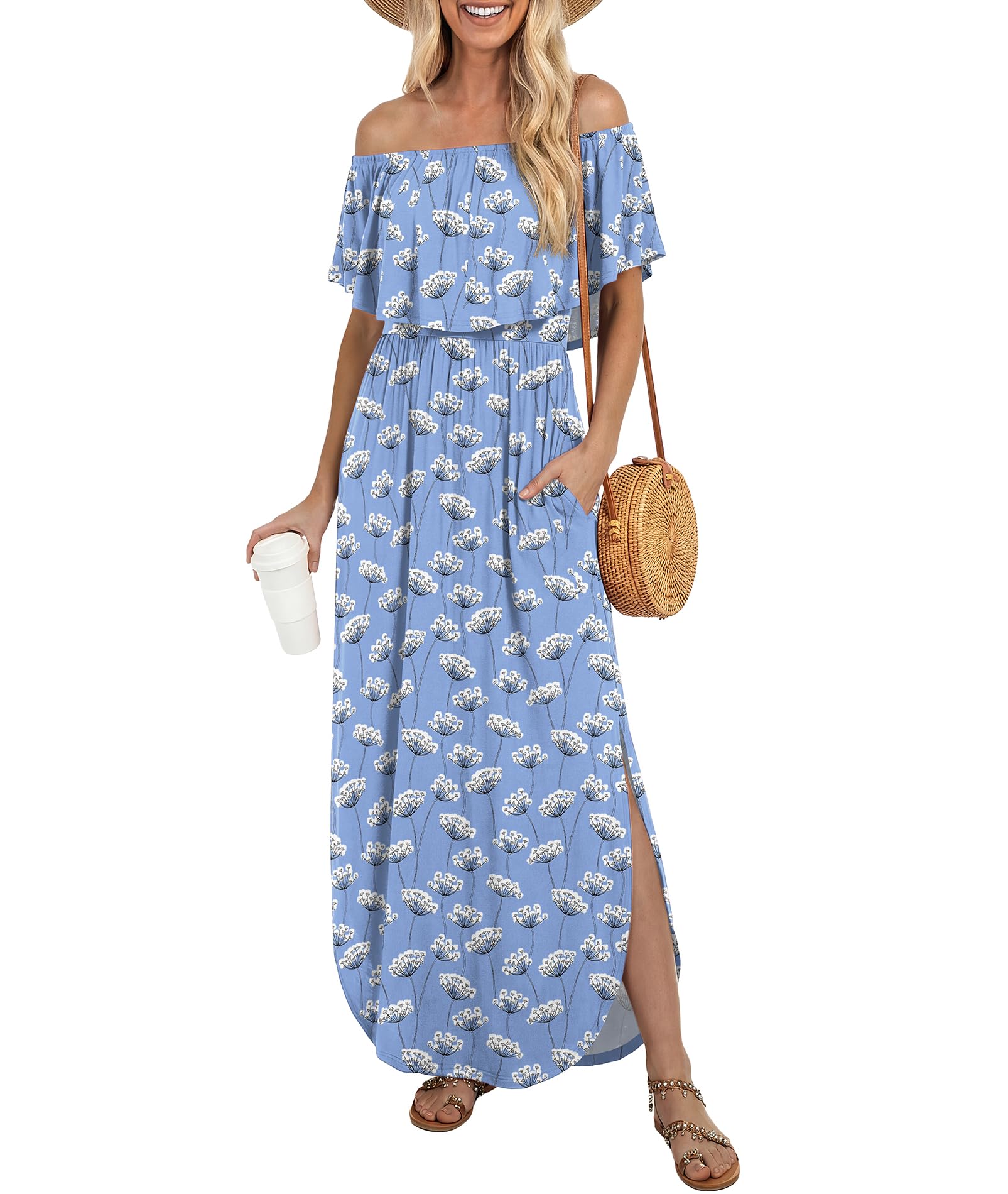 Womens Off The Shoulder Ruffle Party Dresses Side Split Beach Maxi Dress
