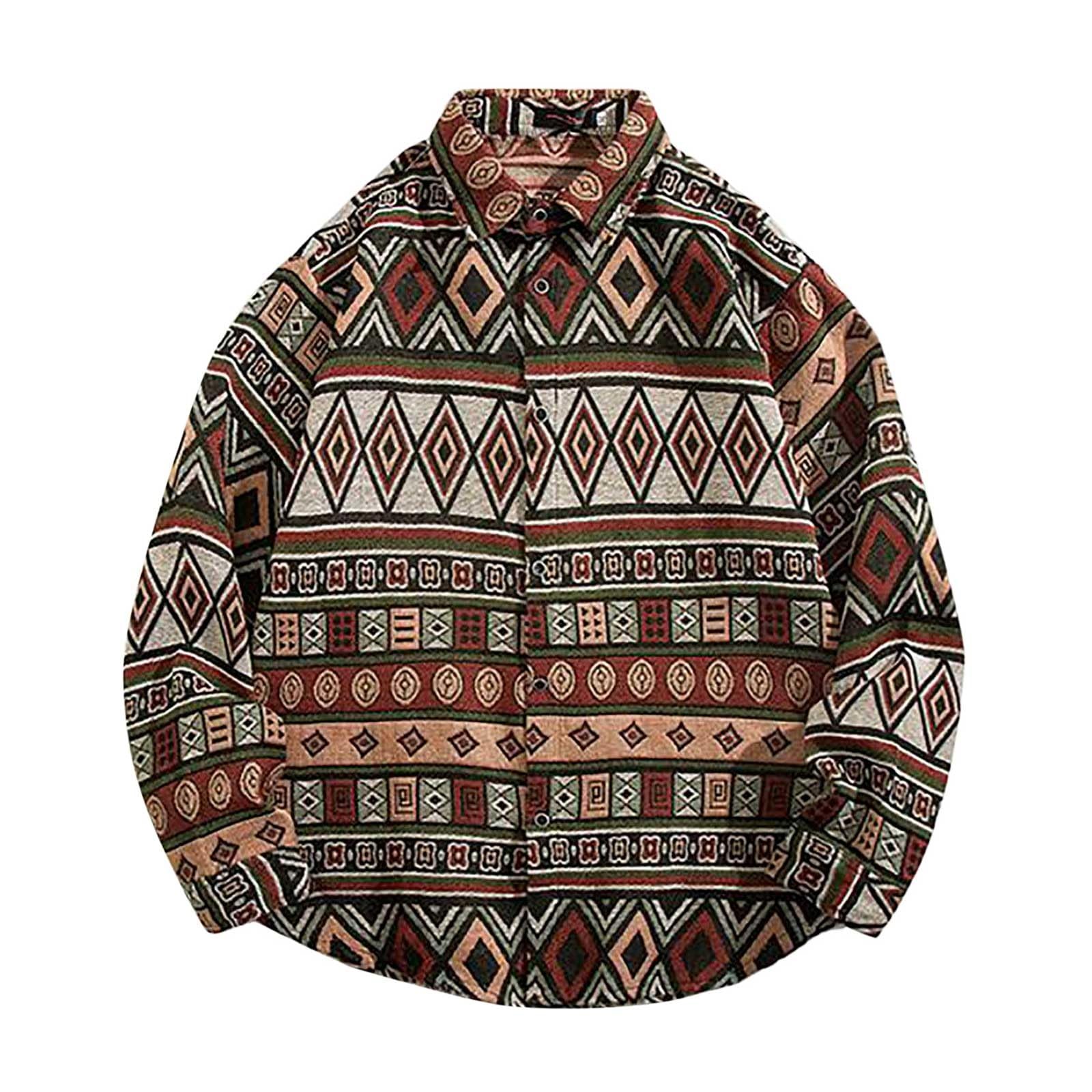 Camicia a maniche lunghe da uomo, jacquard, a maniche lunghe, motivo azteco, per il tempo libero, vintage, per attività all'aperto, business, casual, traspirante, giacca