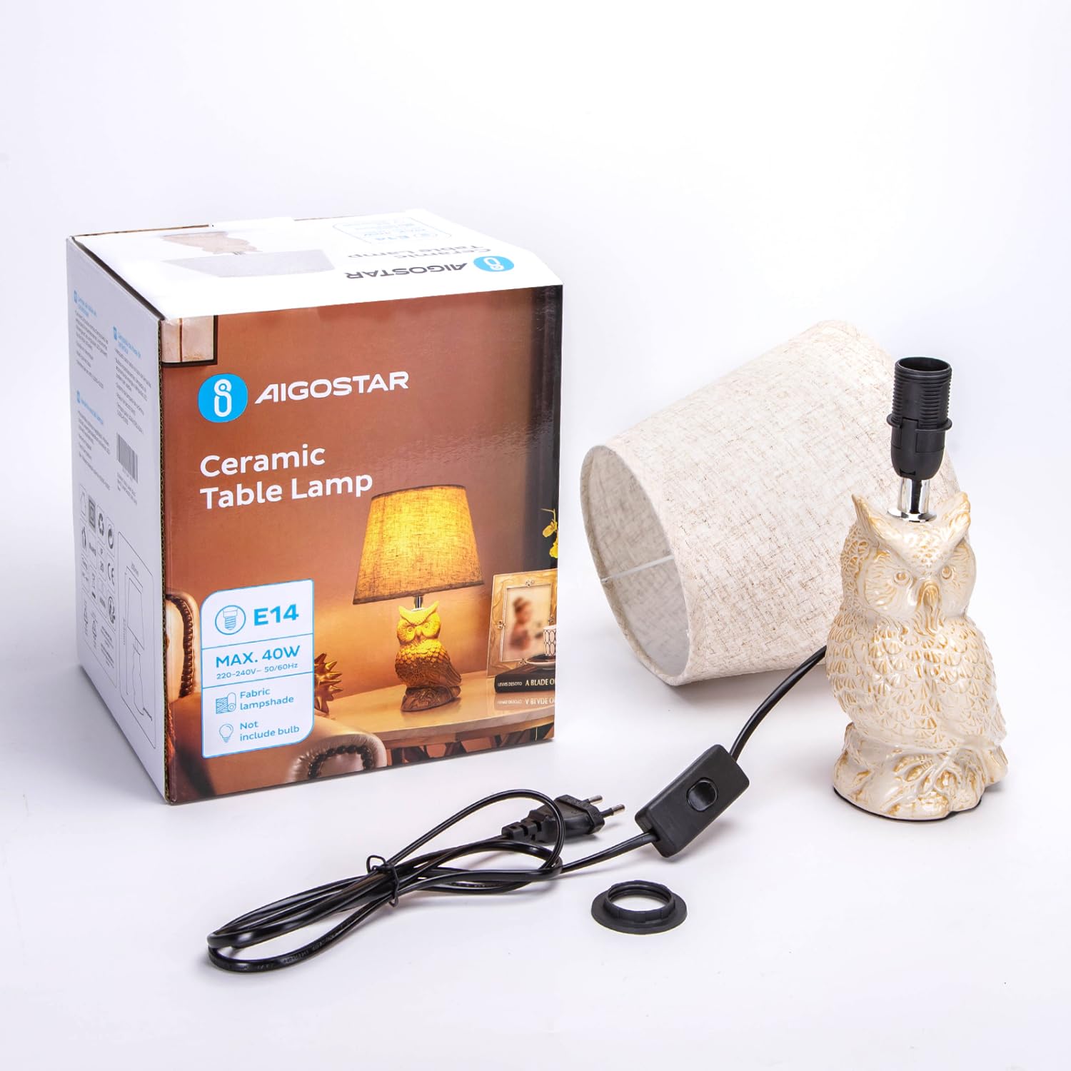 Aigostar Lampe de Table en Céramique, Moderne Lampe de Chevet avec Abat-Jour en Tissu, Douille E14, max.40W, Lampe de Canapé, Veilleuse pour Chambre, Salon, Bureau, Hôtel, Café (sans Ampoule) -H325mm