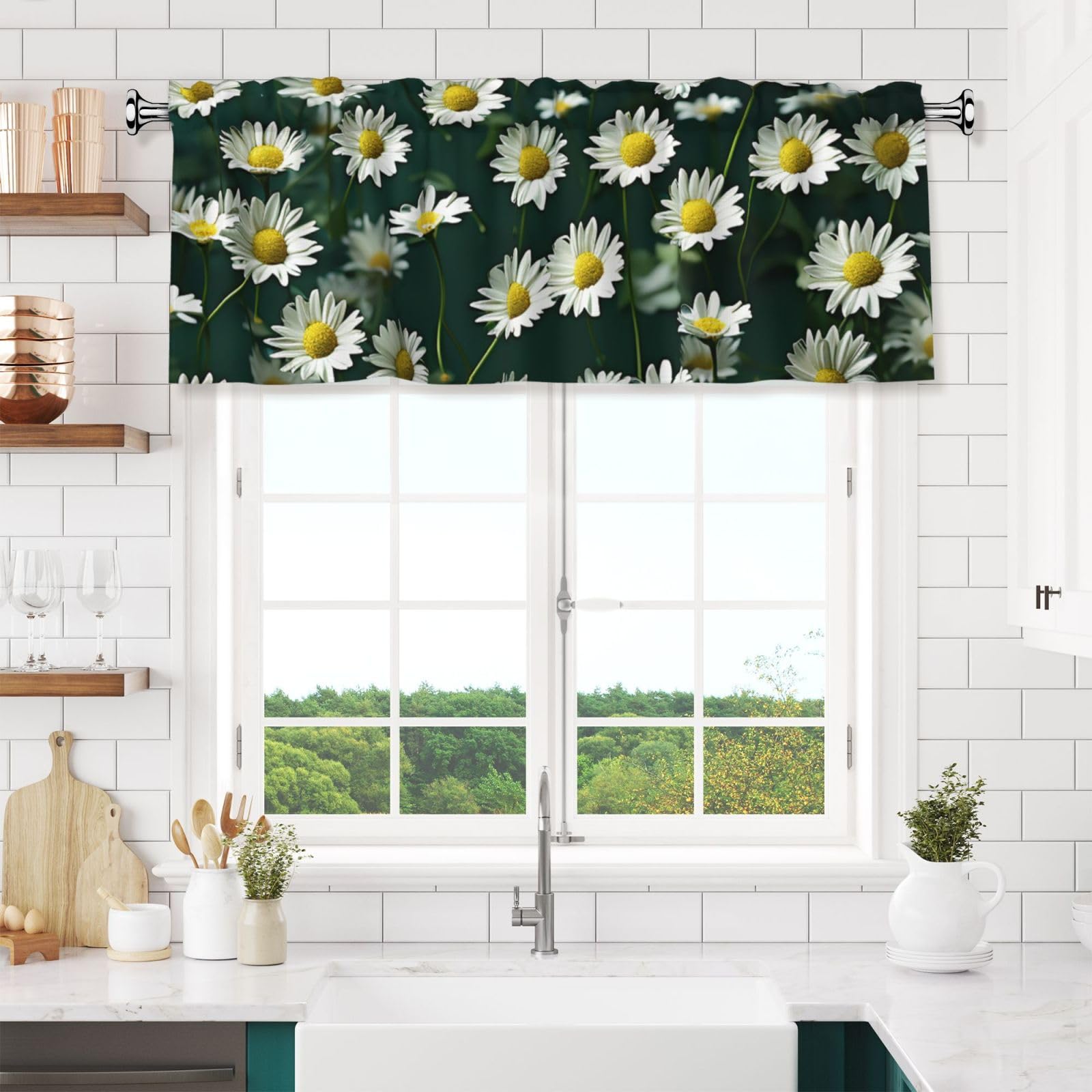 NONHAI Green Daisy Background Valances for Windows Short Curtains Rod Pocket Cafe Window Treatments Valance Curtains for Kitchen Bathroom Laundry Basement Windows 54x18inch Blackout Window Valance