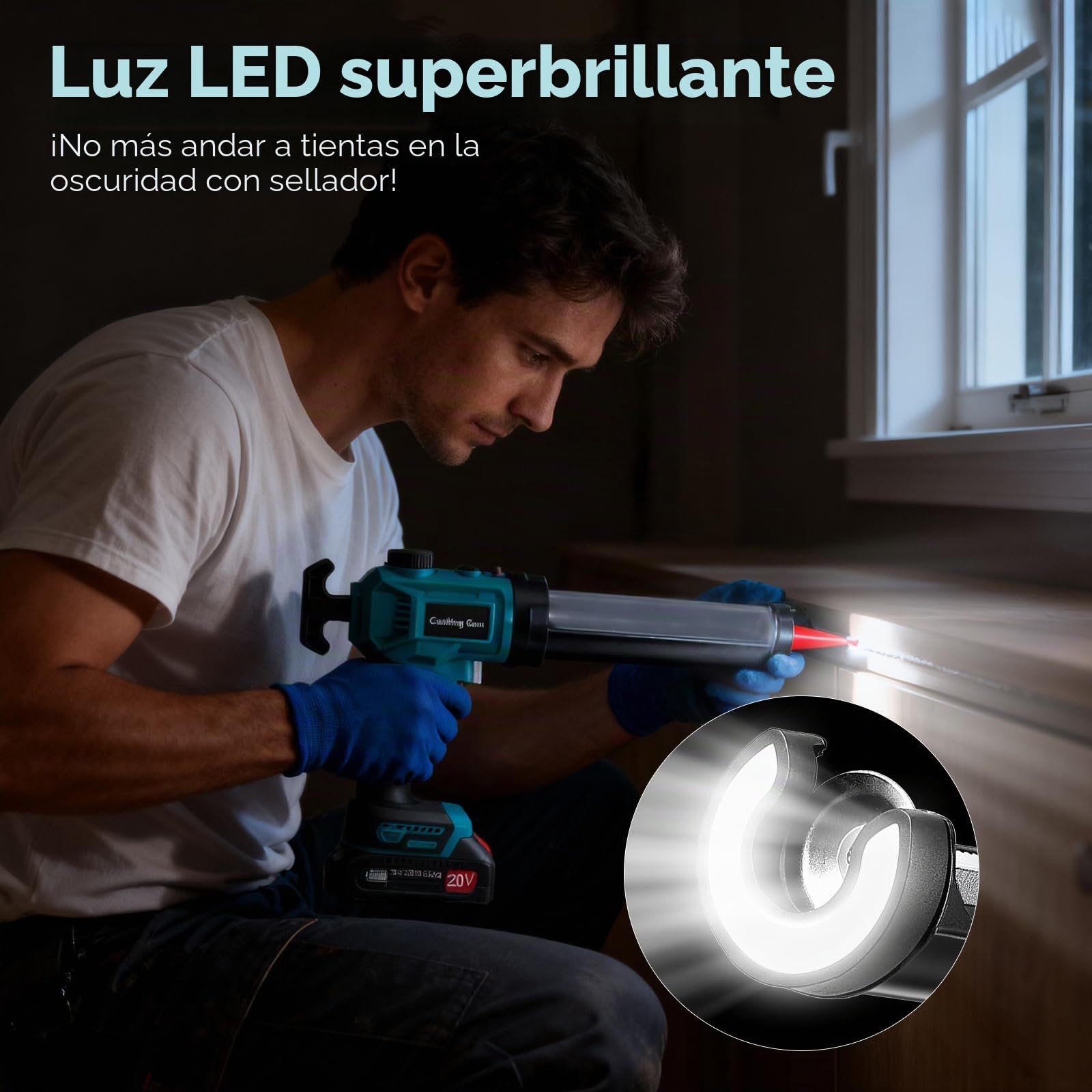 Pistola de Silicona Eléctrica Inalámbrica, Pistola de calafateo eléctrica con 2* 2000 mAh Batería, control de velocidad continuo, luz LED, accesorios especiales para cartuchos de 300 ml, para sellar