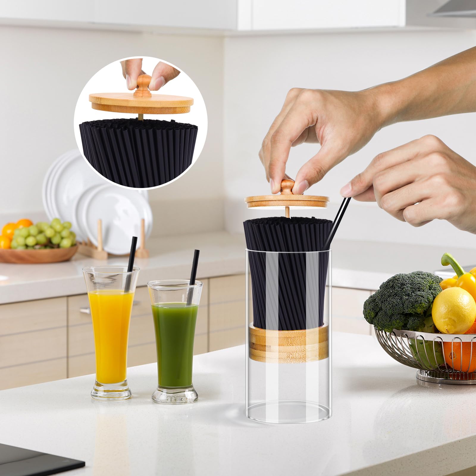 ALEXPRE Acrylic Straw Holder Dispenser for Counter,Straw Organizer with 200 Pack Black Plastic Straws and Bamboo Lid,Straw Container for Counter,Kitchen (6-Inch Height)