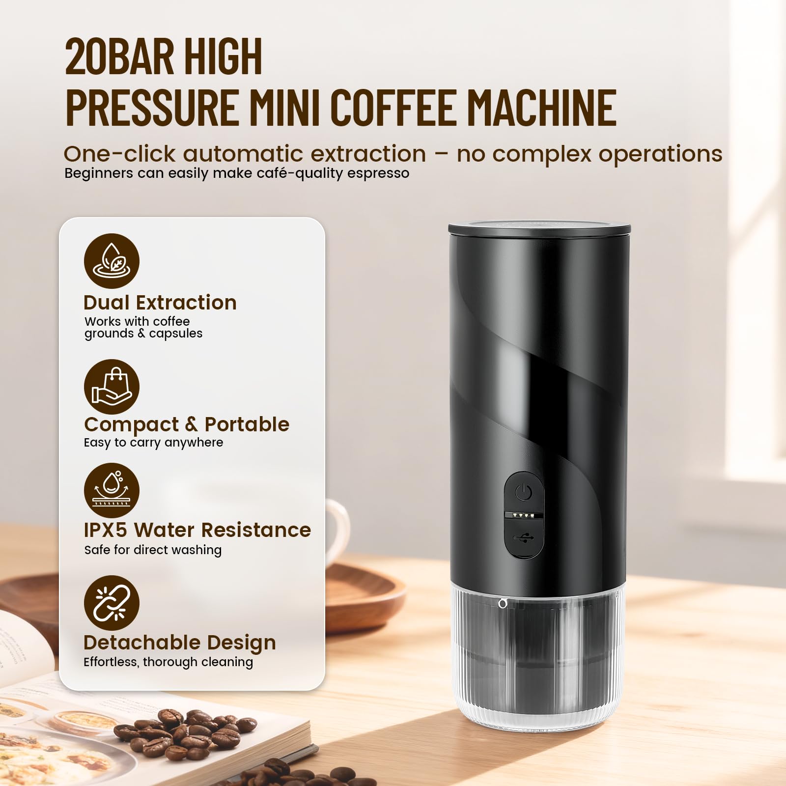 Máquina de Café 3 en 1 Portátil Compatible con 3.5 x 2.8cm Cápsulas y café molido, Cafetera Espresso Eléctrica para Camping Viaje Oficina, Calentamiento Rápido Cafetera con depósito de agua de 100ml