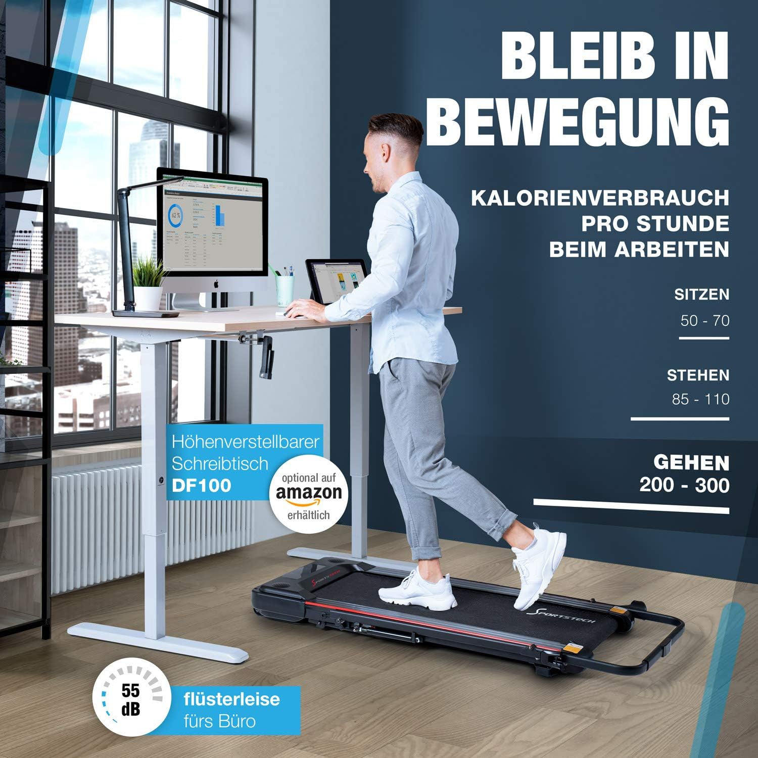 A person walking on the Sportstech DFT100 treadmill while working at a standing desk, demonstrating its use in an office environment.