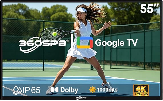 55" Outdoor TV, 4K UHD Google TV, 1000nits High Brightness Smart TVs | IP65 Weatherproof TVs, Outside TV with Voice Assistant Remote, Compatible with Dolby, Outdoor Tvs for Patios, Sports