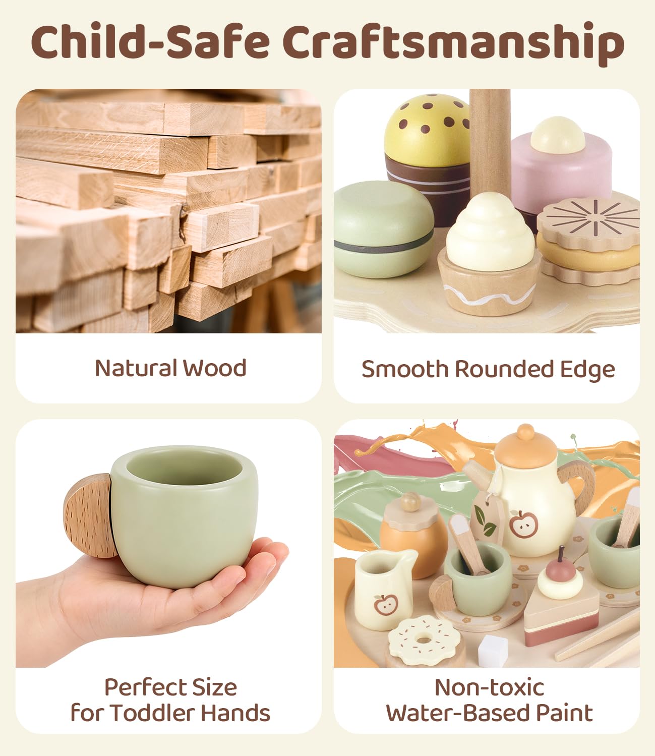 Airlab Juego de Té de Madera para Infantil, Accesorios de Cocina de Juego de rol de Fiesta con Soporte para Tartas, Juguete Educativo Montessori, Regalo de Cumpleaños para Niños y Niñas de 3 4 5 Años