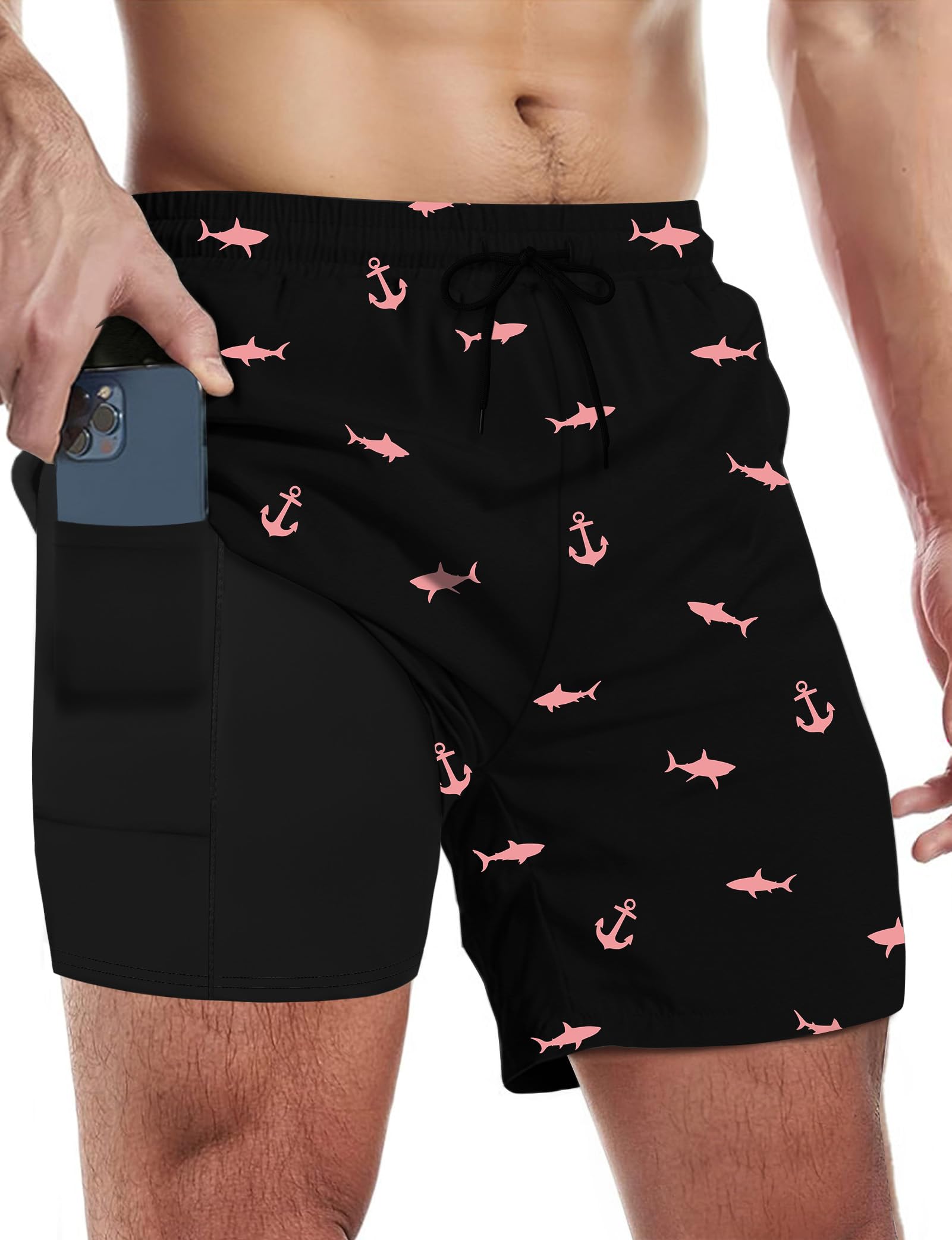 Mens Swim Trunks with Compression Liner 5 Inch Inseam Swim Shorts Quick Dry Mens Swimsuit Board Shorts with Pockets Shark M