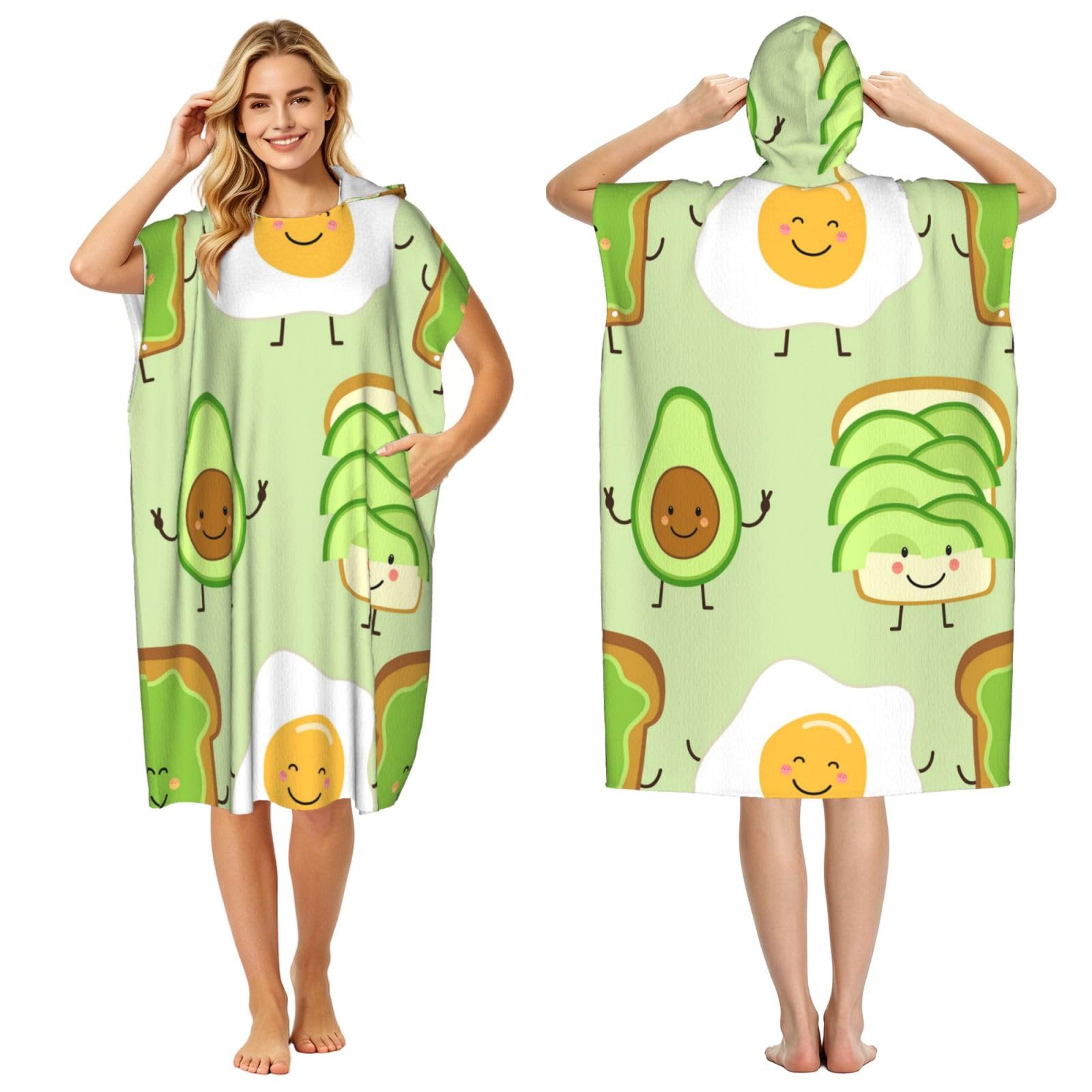Poadnly Cute Avocado And Toast And Fied Egg, Adult Hooded Beach Towel 90 x 110 cm,Changing Bath Robe, Surf Poncho Towel For Women Men