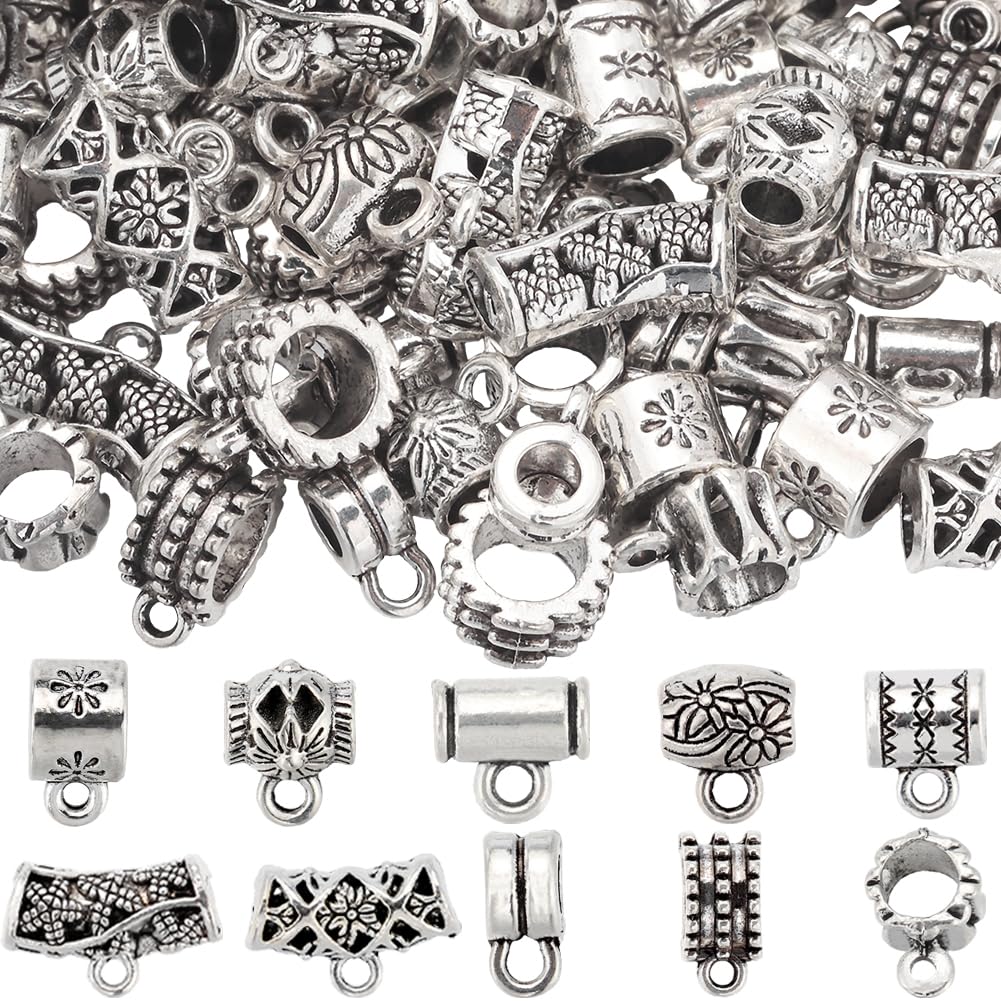 SUNNYCLUE 1 Box 10 Styles Bail Beads Silver Bail Tube Beads Bulk Tibetan Alloy Column Spacer Links Hanger Tube Charm Connector European Bead for jewellery Making DIY Bracelets Necklaces Crafts