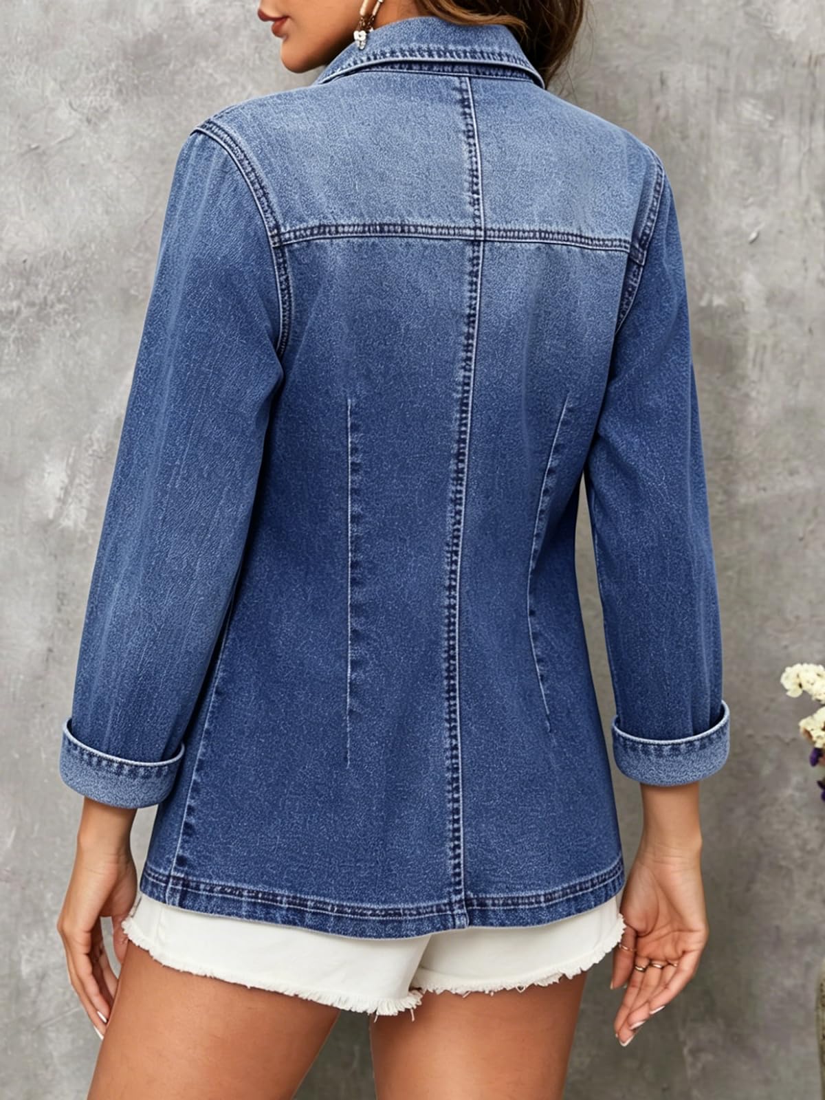 ebossy Klassischer Jeans-Blazer für Damen, mit Revers, Ein-Knopf-Langarm, schmale Büro-Jeansjacke