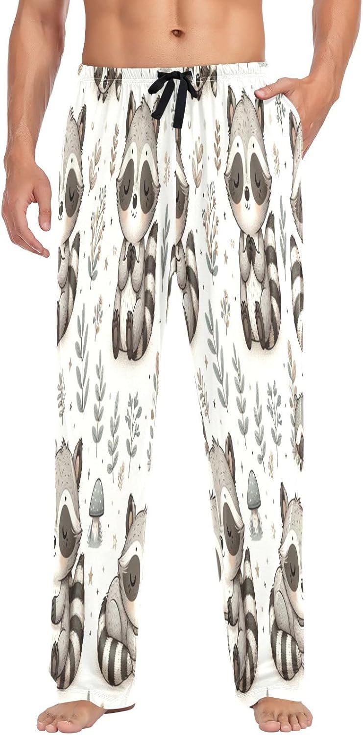 ALAZA Cute Raccoon Flowers Men's Pajama Pants Men Cotton Pajama Bottoms with Pockets, S