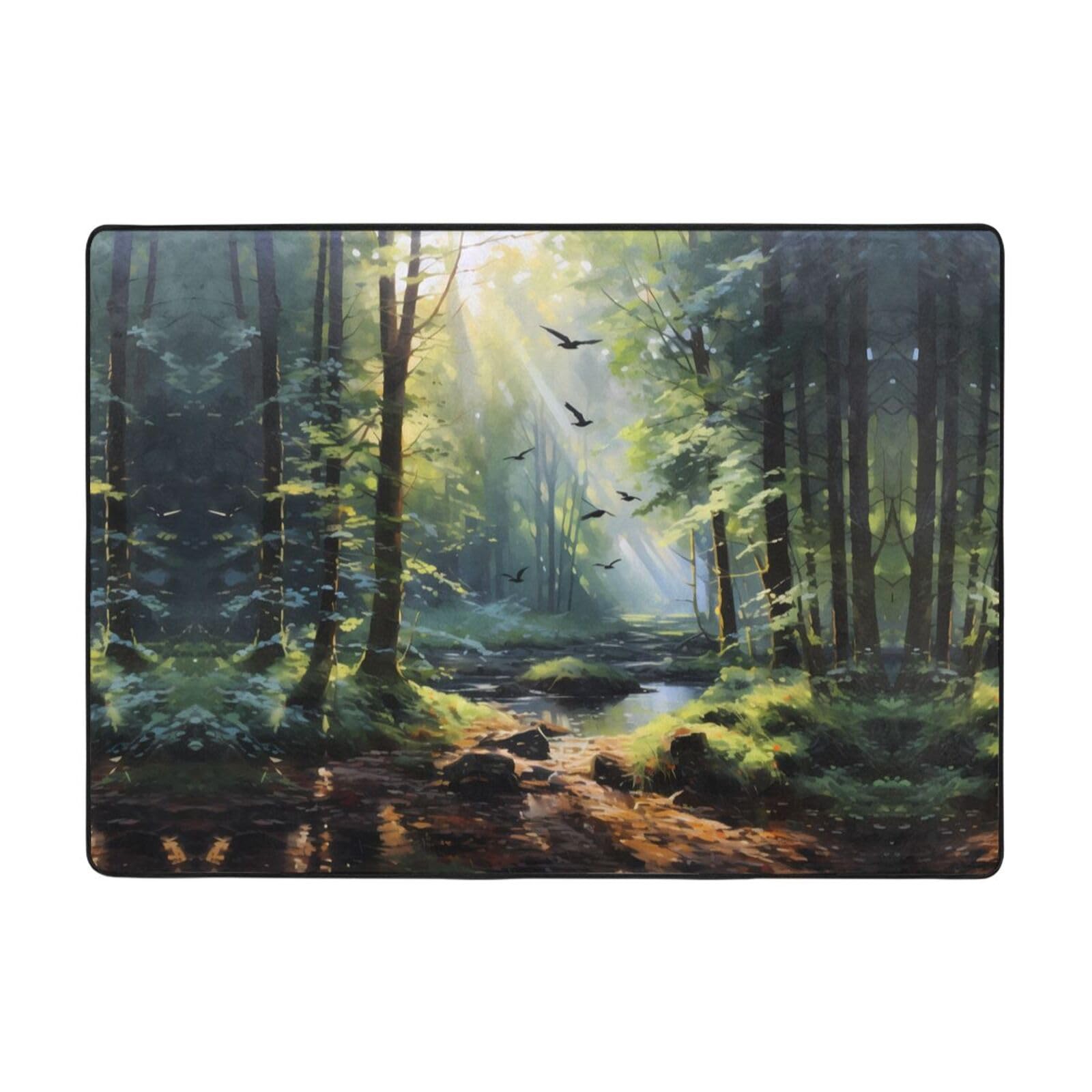 Tapis antidérapant doux design oiseaux de la forêt 203x147 cm pour sol sécurisé