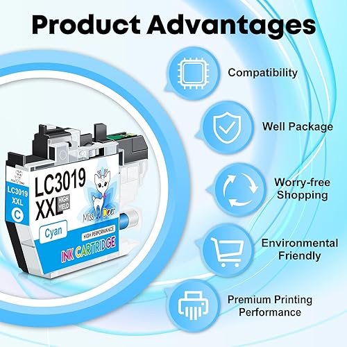 Miniatura 6 de Miss Deer LC3019 - Cartucho de tinta de repuesto compatible con gran rendimiento para cartuchos de tinta Brother LC3019XXL 2 negros 1 cian 1 magenta