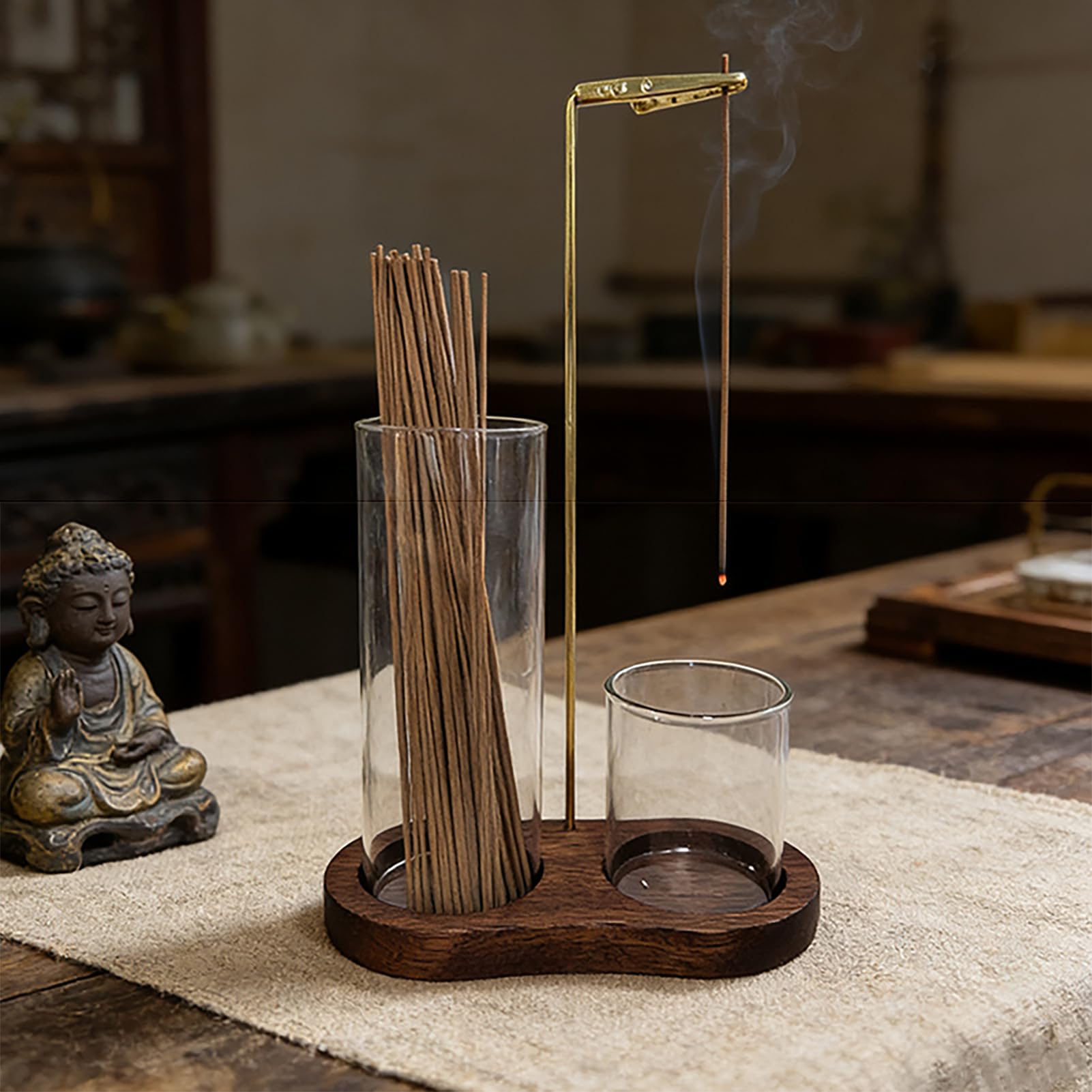 Wooden Upside Down Incense Holder for Sticks with Removable Glass Ash Catcher and Incense Holder for Yoga, Spa, Tea, Zen Meditation (Dark)