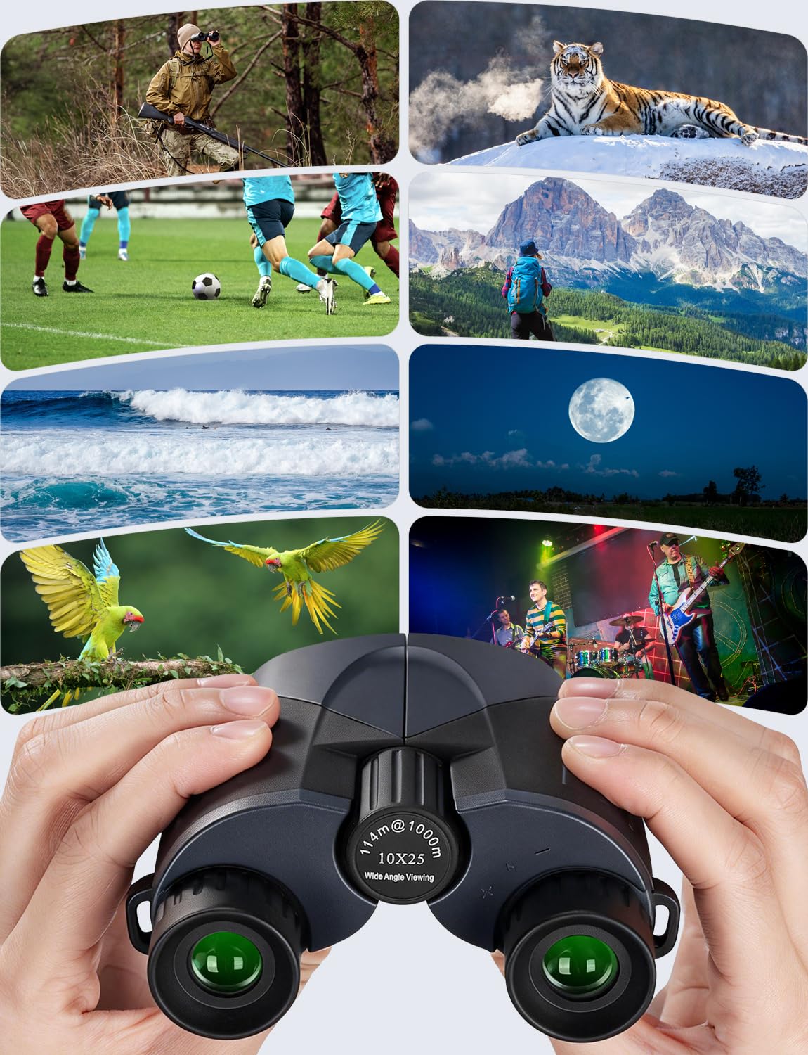 LIORQUE Jumelles 10x25 Enfants Adultes, Pliables, IPX6, Vision Nocturne | Oculaire 16mm Grand Angle, Prismes BAK-7 FMC, Caoutchouc, 0.65kg, Sangle Étui Chiffon, Oiseaux Rando Chasse