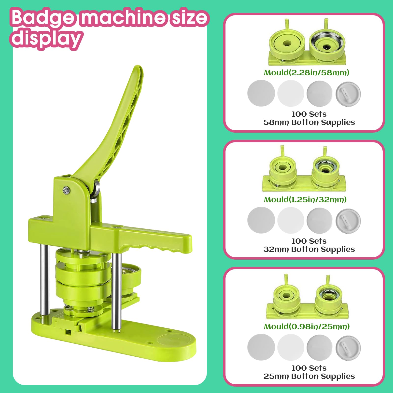 Badge Button Maker Machine (25/32/58mm) 3-in-1 Pin Maker with 300pcs Button Parts, Badge Button Press Machine Punch Press (Grün)