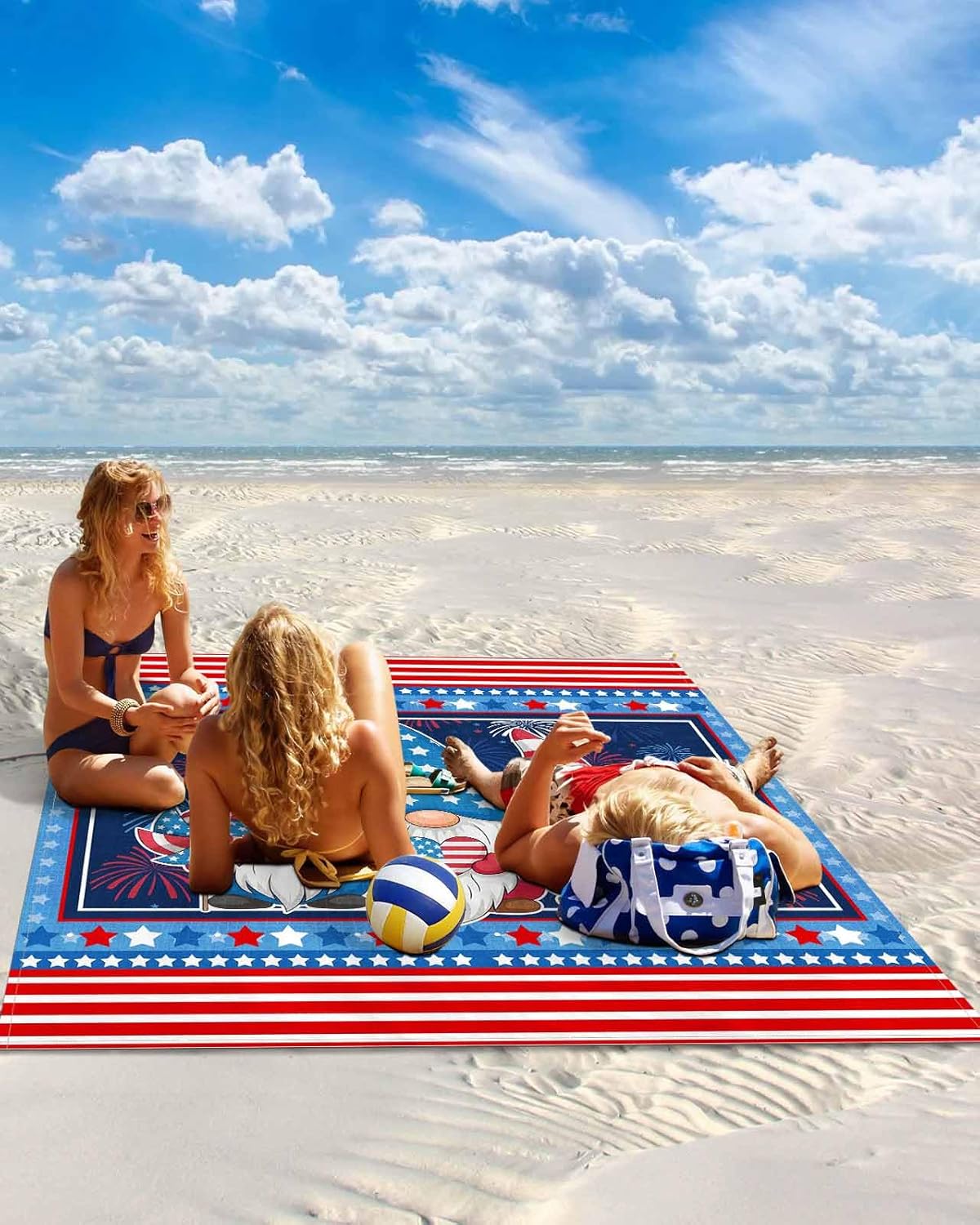 Teamery Beach Blanket 95x80in Gnome Independence Day Stars Red Stripes Waterproof Sandproof Mat, Love USA Flag Outdoor Picnic Mat Beach Accessories for Travel Camping Hiking