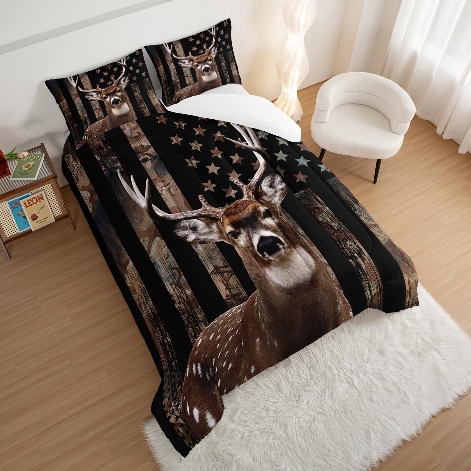 HOSIMA Deer Hunting Camo Comforter,Hunter Bedding Set American Flag Comforter Queen Size for Room Decor,Deer Comforter Set for Boys Teens Girls,Queen Comforter Set with 2 Pillowcase.