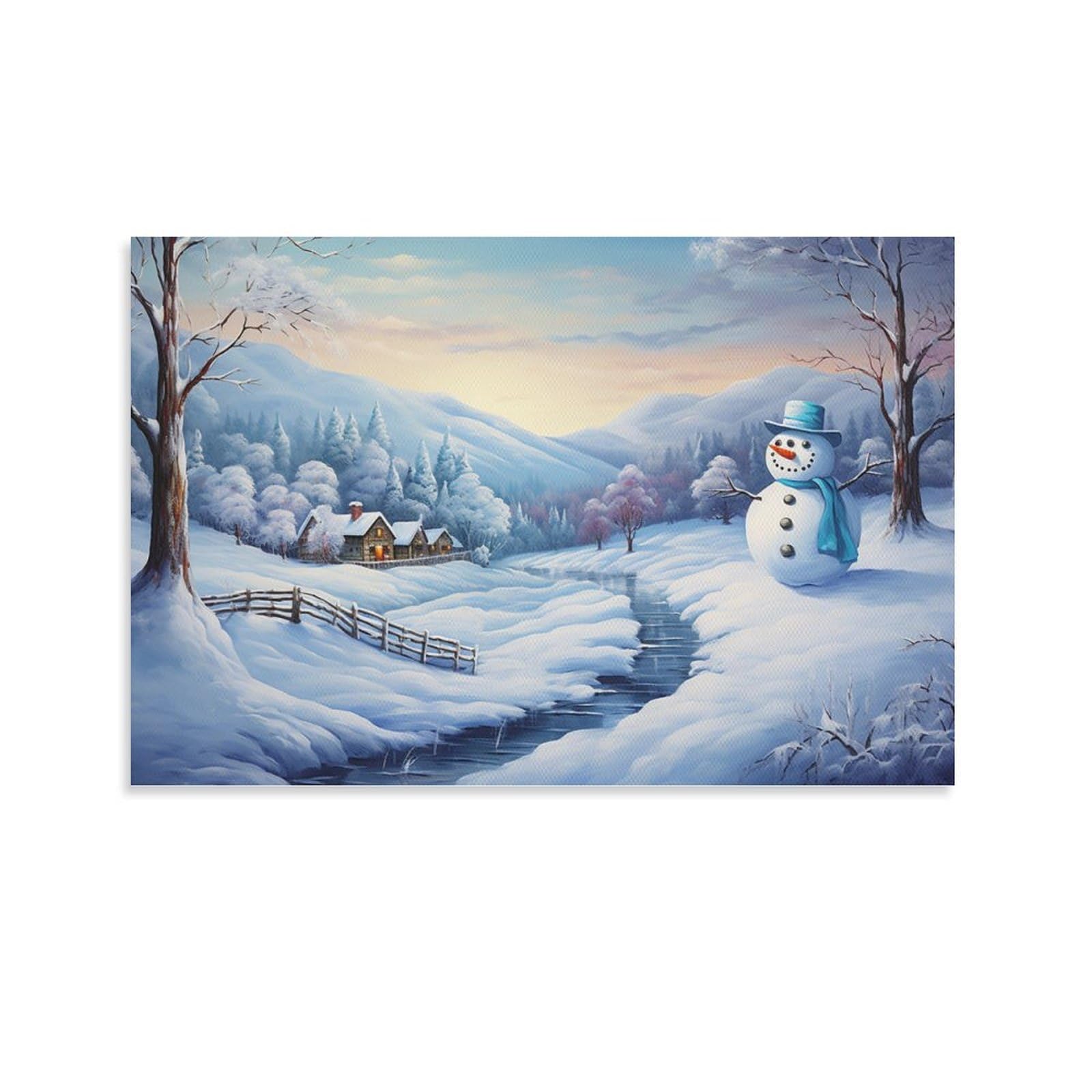 FOCCAR Rustic Mountain Forests Canvas Wall Decor Snowman Snowy Landscape Poster Wall Art for Living Room Bedroom Artwork