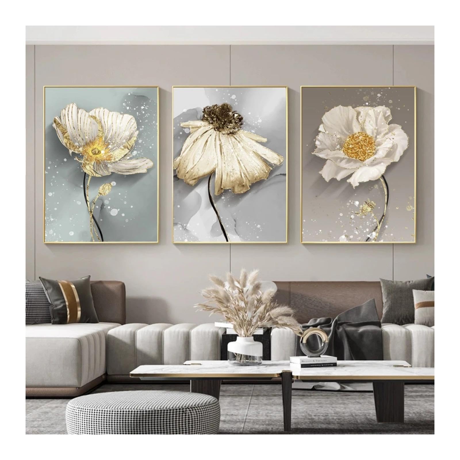 JGGXHM Abstrakcyjna farba kwiaty obraz ścienny wydruk na płótnie plakat nordycki minimalistyczny salon sztuka obraz dekoracja - (60 x 80 cm x 3) 24 x 31 cali rama wewnętrzna