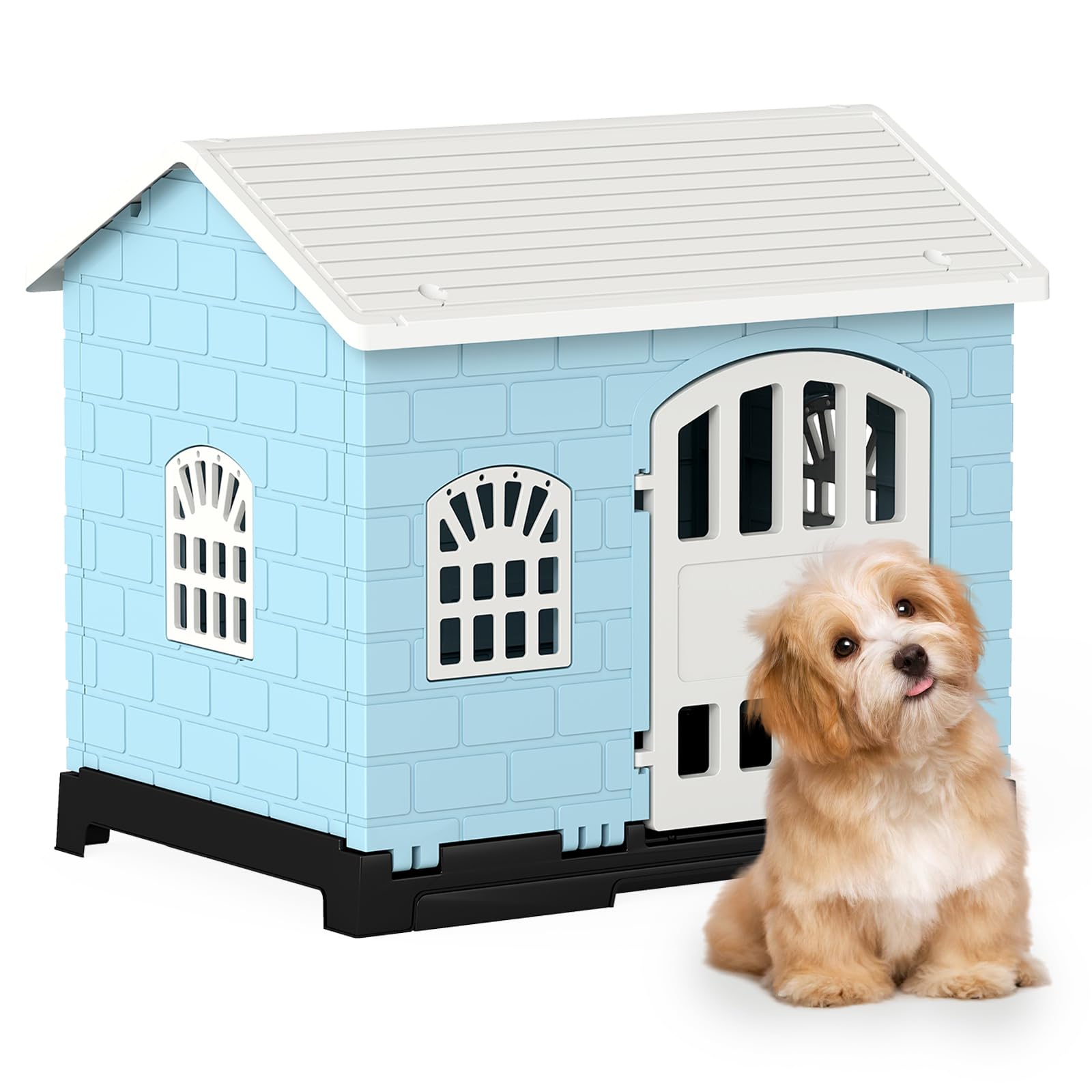 COSTWAY Plastic Dog House, Indoor Outdoor Pet Shelter with Slanted Roof, Removable Toilet Tray, Lockable Door & 3 Windows, Weather-Resistant Puppy Kennel for Small Dogs Cats Rabbits (Light Blue+White)