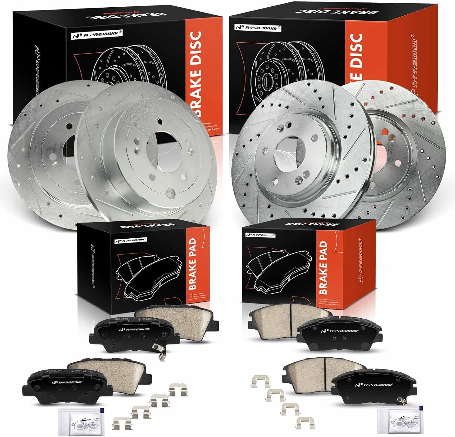 A-Premium Front and Rear Drilled and Slotted Disc Brake Rotors + Ceramic Pads Kit Compatible with Select Kia and Hyundai Models - Sportage 2017-2020, Tucson 2016-2021, 12-PC Set
