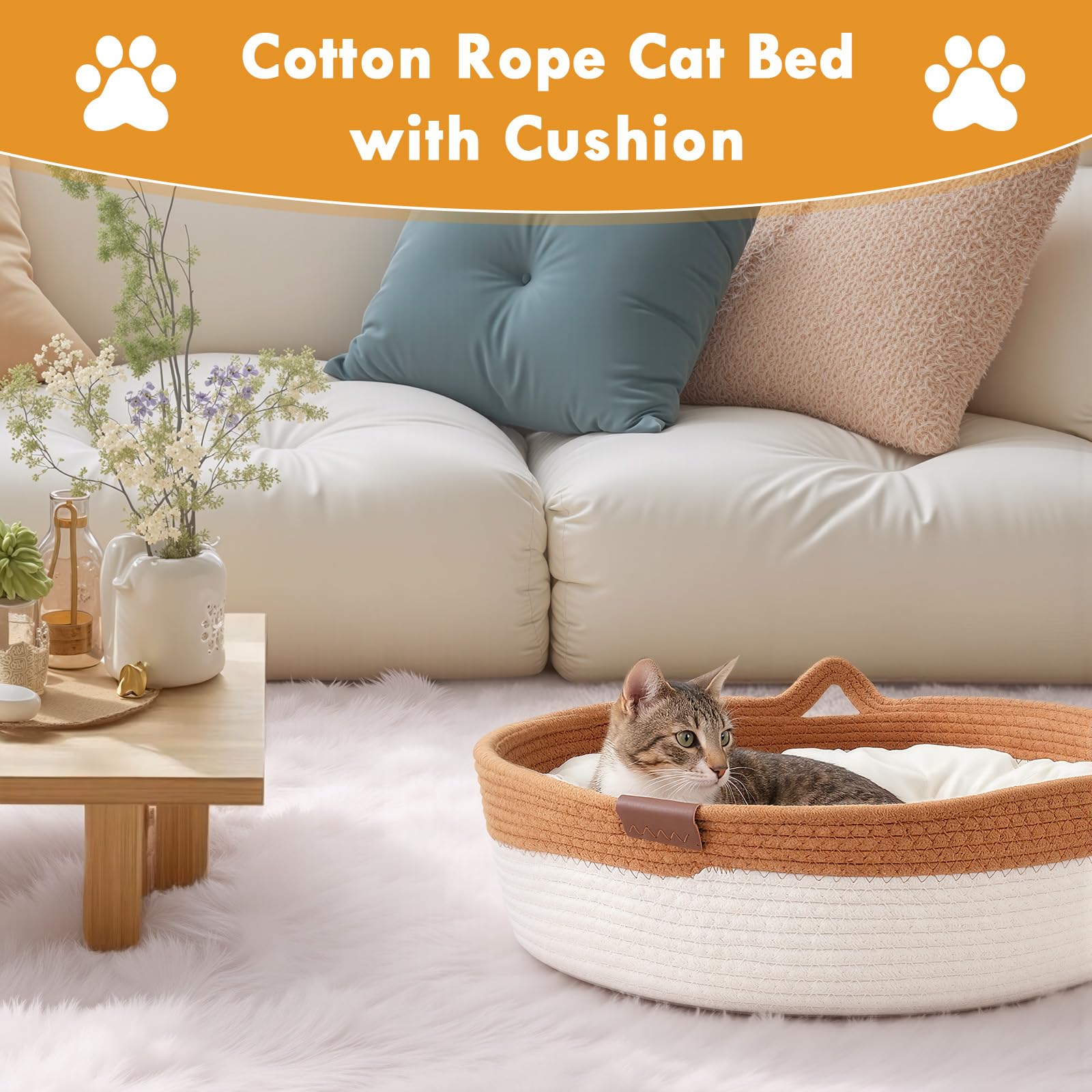 Zocipro Baumwollseil Katzenbett mit Kissen, 46x46x16 cm Groß Katzenbett, Katzenkörbchen Rund Waschbar mit Baumwollseil-Spielball für Alle Katze