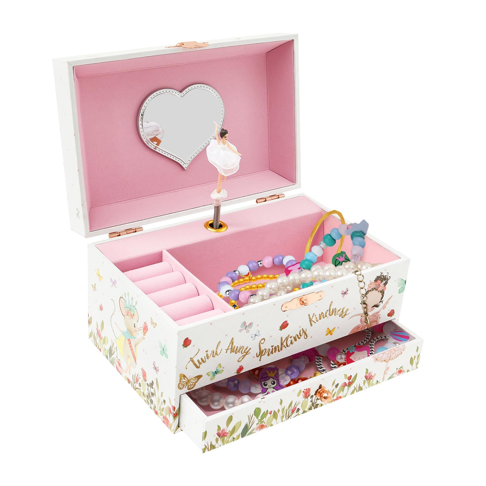 Alongen Musical Jewellery Box for Girls 2 Layer Kids Dancing Music Box with Mirror Jewelry Organizer with Drawer Bracelet Ring Holder Case for Girls Kids Present(White)