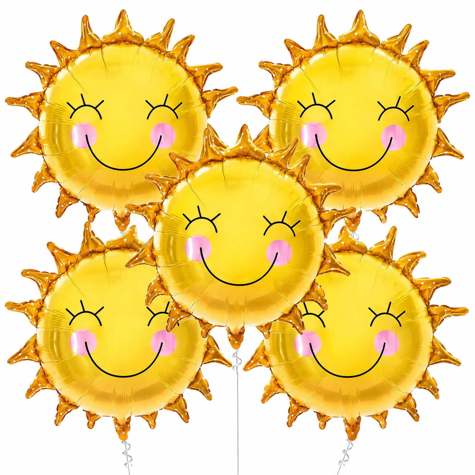 Bolosa Sun Smiley Foil Balloons 5Pcs, Gold Sunshine Balloons 63 x 63 cm, Birthday Party Decorations for Kids, Sun Theme Party Supplies, Rainbow First Birthday, Baby Shower & Garden Party