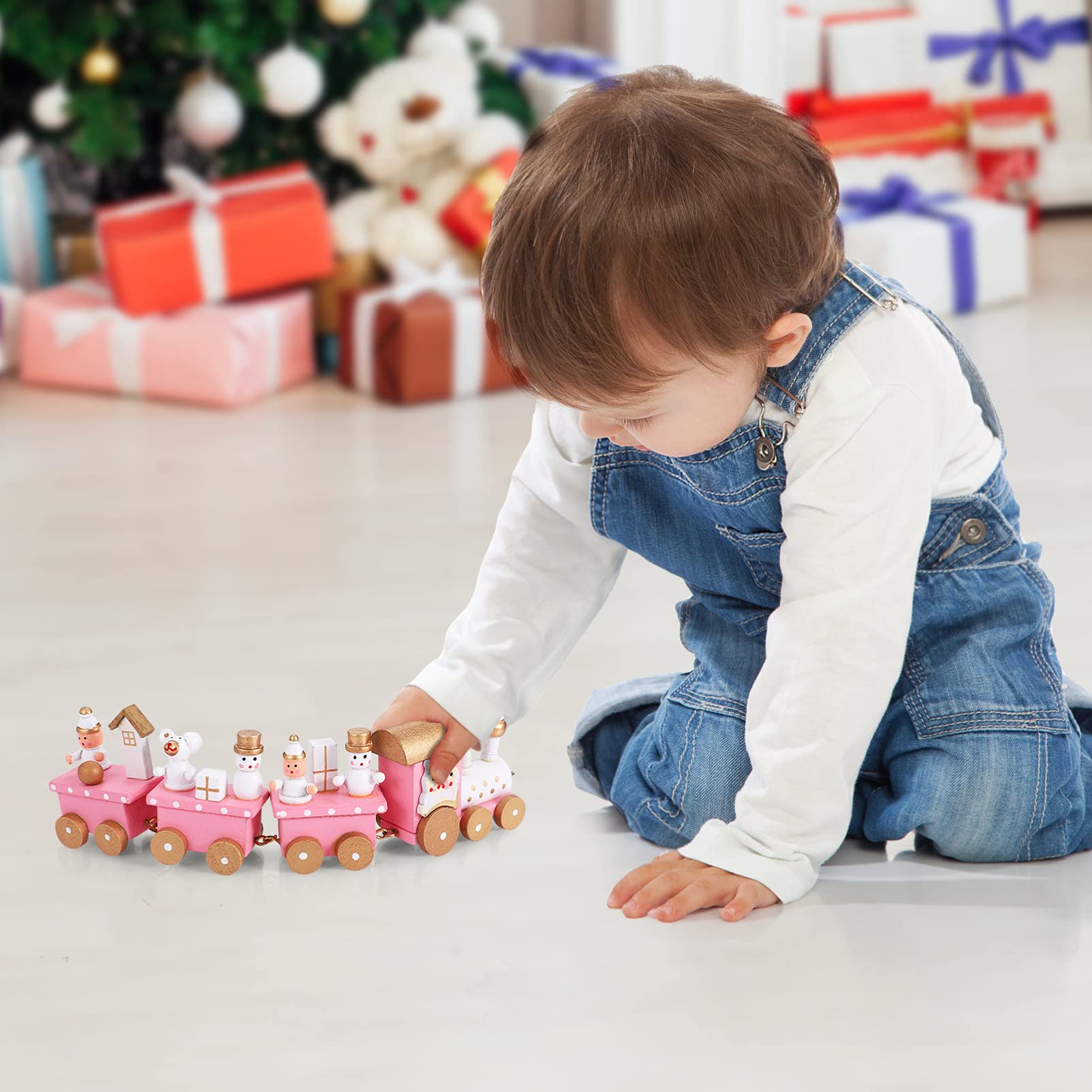 Decoración del hogar, adorno de Santaur, tren de madera de Navidad, mini juguete de tren de 4 secciones con muñeco de nieve y riel de tren, juego de juguetes para niños, decoración de fiesta 5