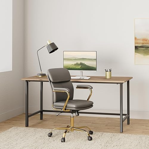 Miniatura 2 de MFD LIVING Silla de oficina en casa, moderna silla tapizada de piel sintética con brazos, silla de escritorio giratoria ajustable con ruedas (gris