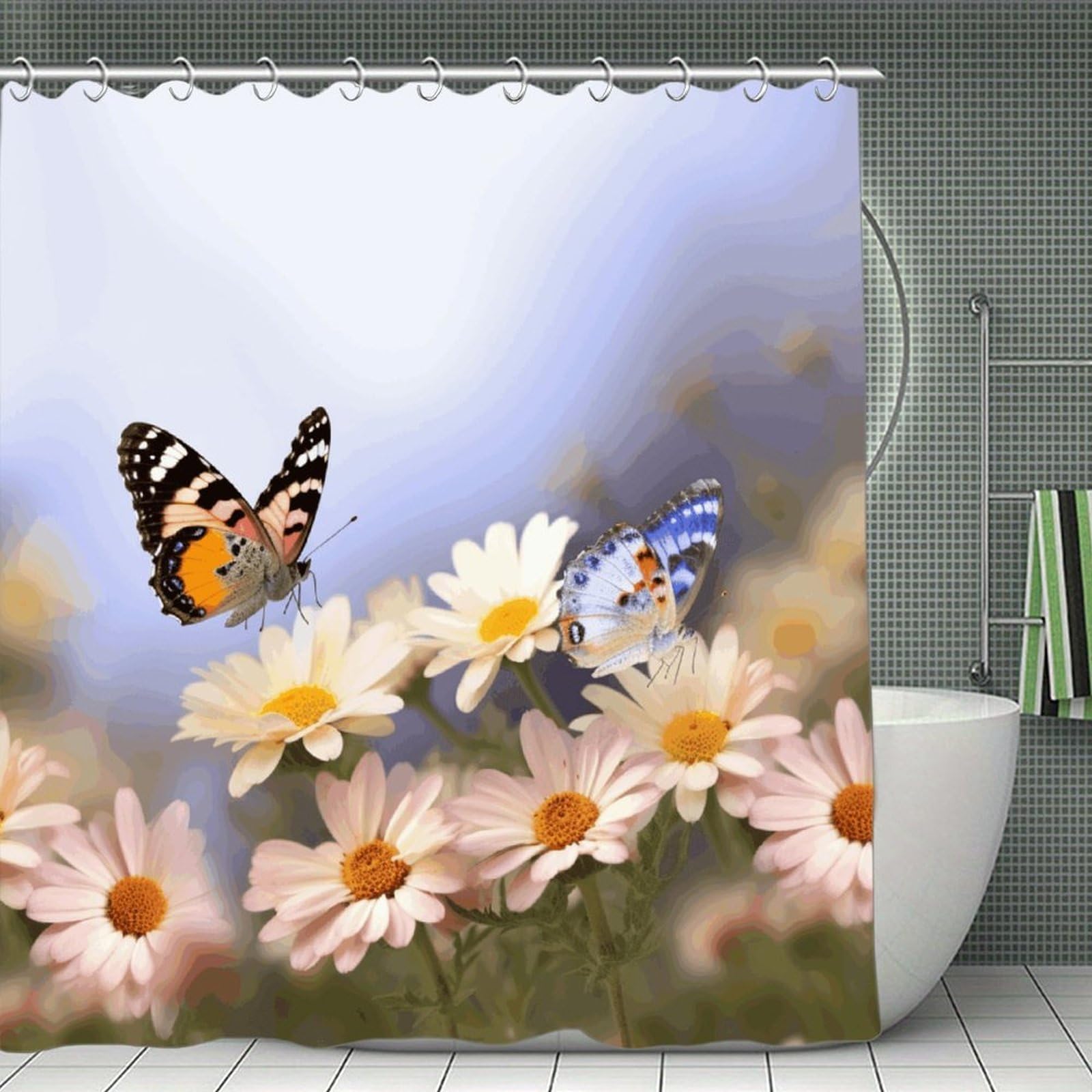 FekiLoot Butterfly Daisy Shower Curtain with Hooks Modern Farmhouse Bathroom Curtain Waterproof Cloth Bath Curtains Cute Washable Blackout Privacy Curtains for Bathroom Bathtub 70.8"x70.8"
