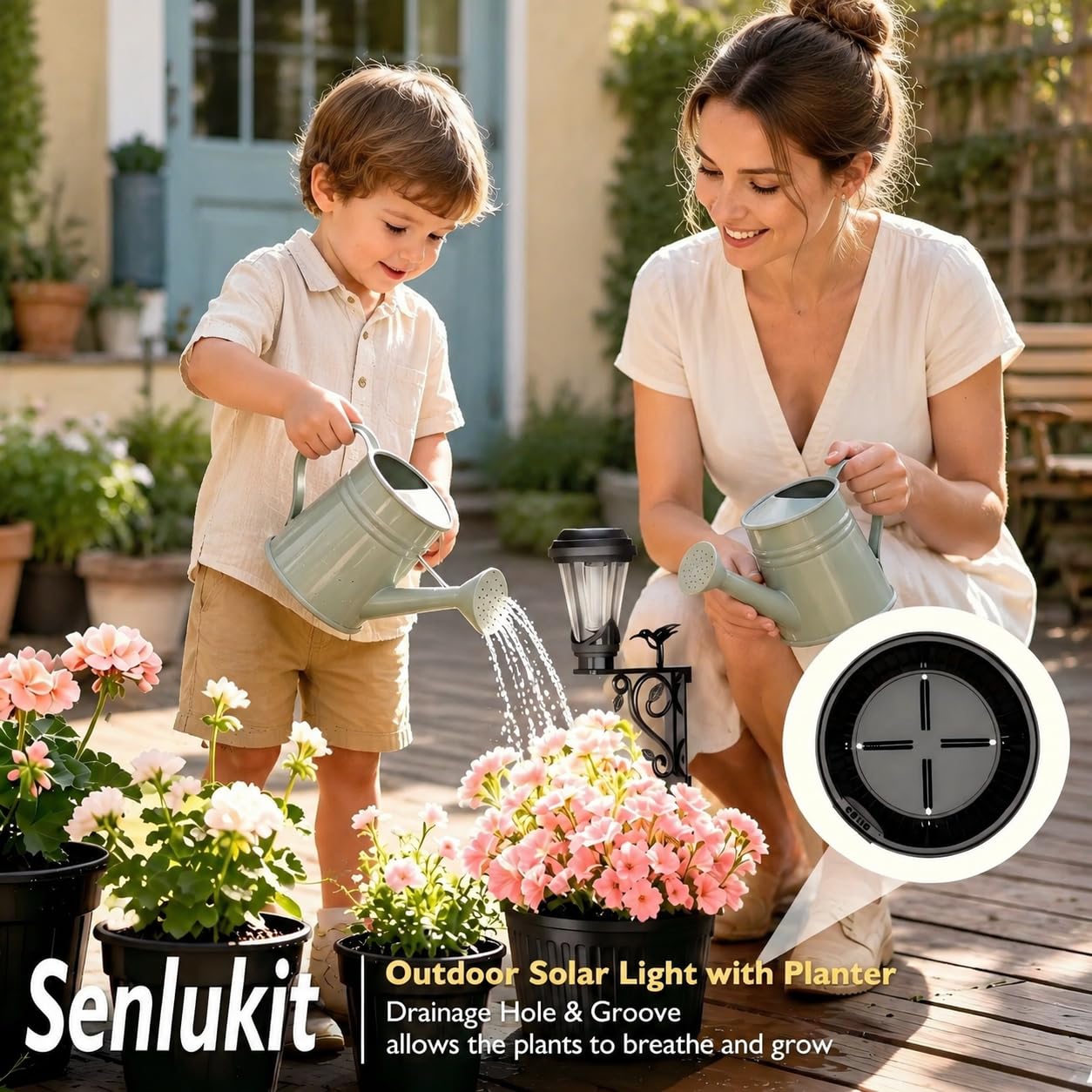Poste de lámpara solar de 49 cm con maceta, doble cara, brillo blanco cálido de 3000 K, soporte o montaje en pared, encendido/apagado automático al anochecer, clasificación IP65 para uso en exteriores