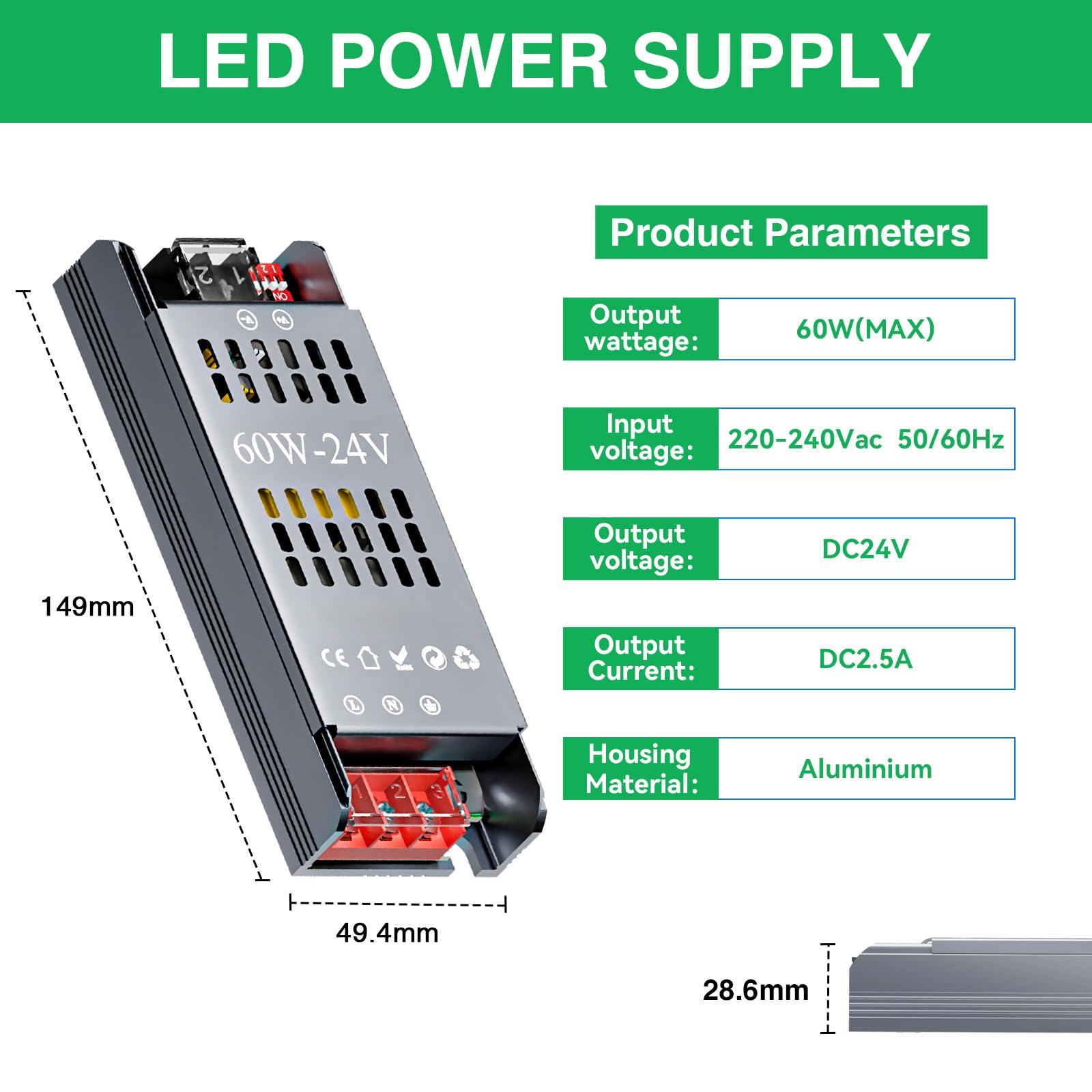 Trasformatore LED 24V 2.5A con Supporto per il Dimming a 4 Livelli, Alimentatore Striscia LED a Bassa Tensione 100W, Trasformatore Led ad Avvio Lento con Protezione da Cortocircuito (24V, 60, Watt)