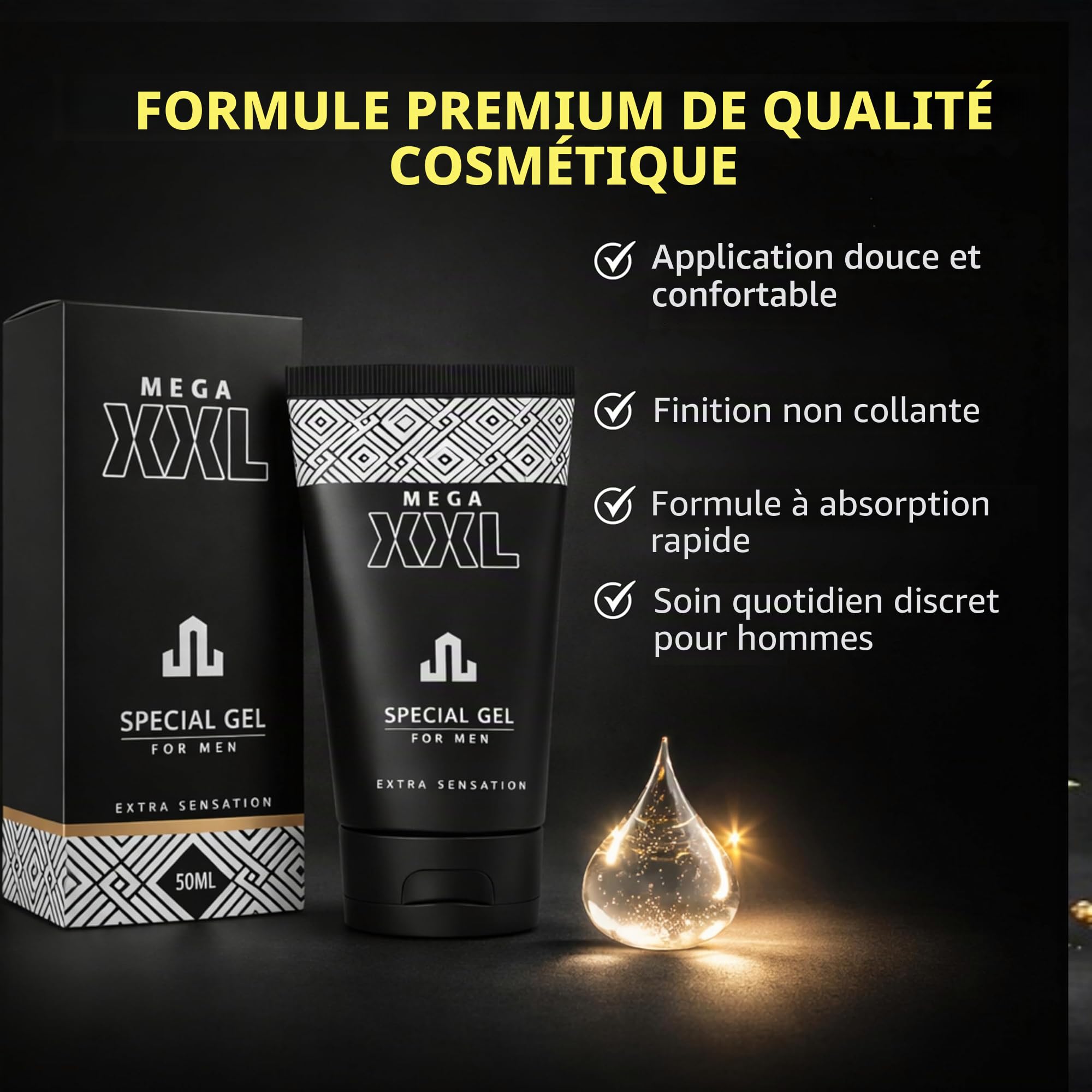 MEGA XXL Gel pénien - 50 ml - Soin intime et gel de massage pour homme - Utilisation de soutien en cas d'agrandissement du pénis - Longueur de mise au point, volume et portée - Routine quotidienne XXL