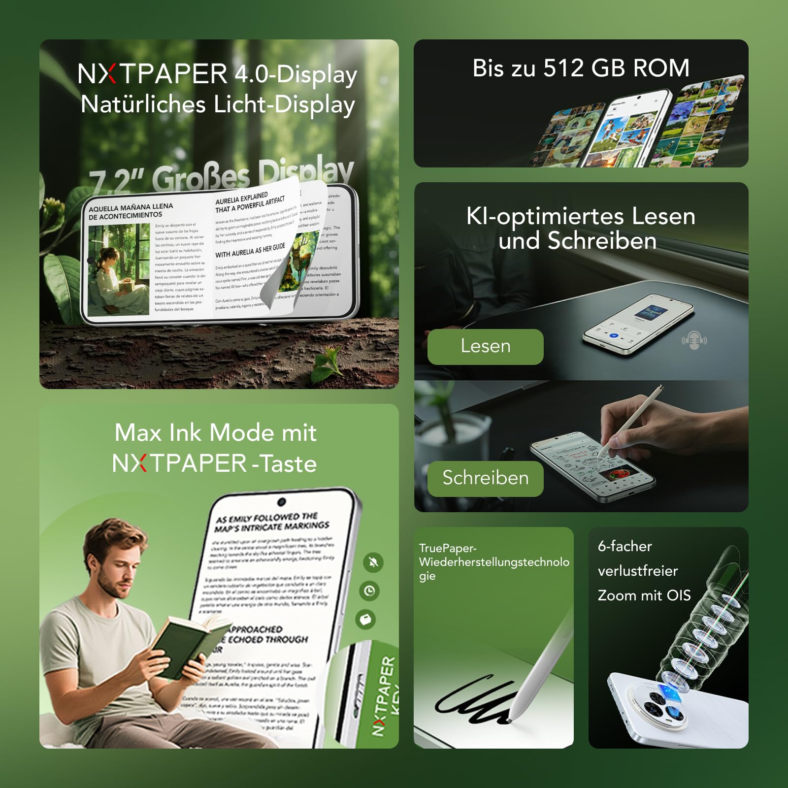 TCL NXTPAPER 60 Ultra 5G Android-Smartphone,7,2 Zoll FHD+ 120 Hz NXTPAPER Display,12 GB RAM + 512 GB ROM,Smartphone mit Augenschutz,5000-mAh-Akku,Lunar White, mit Klappdeckel und Stift