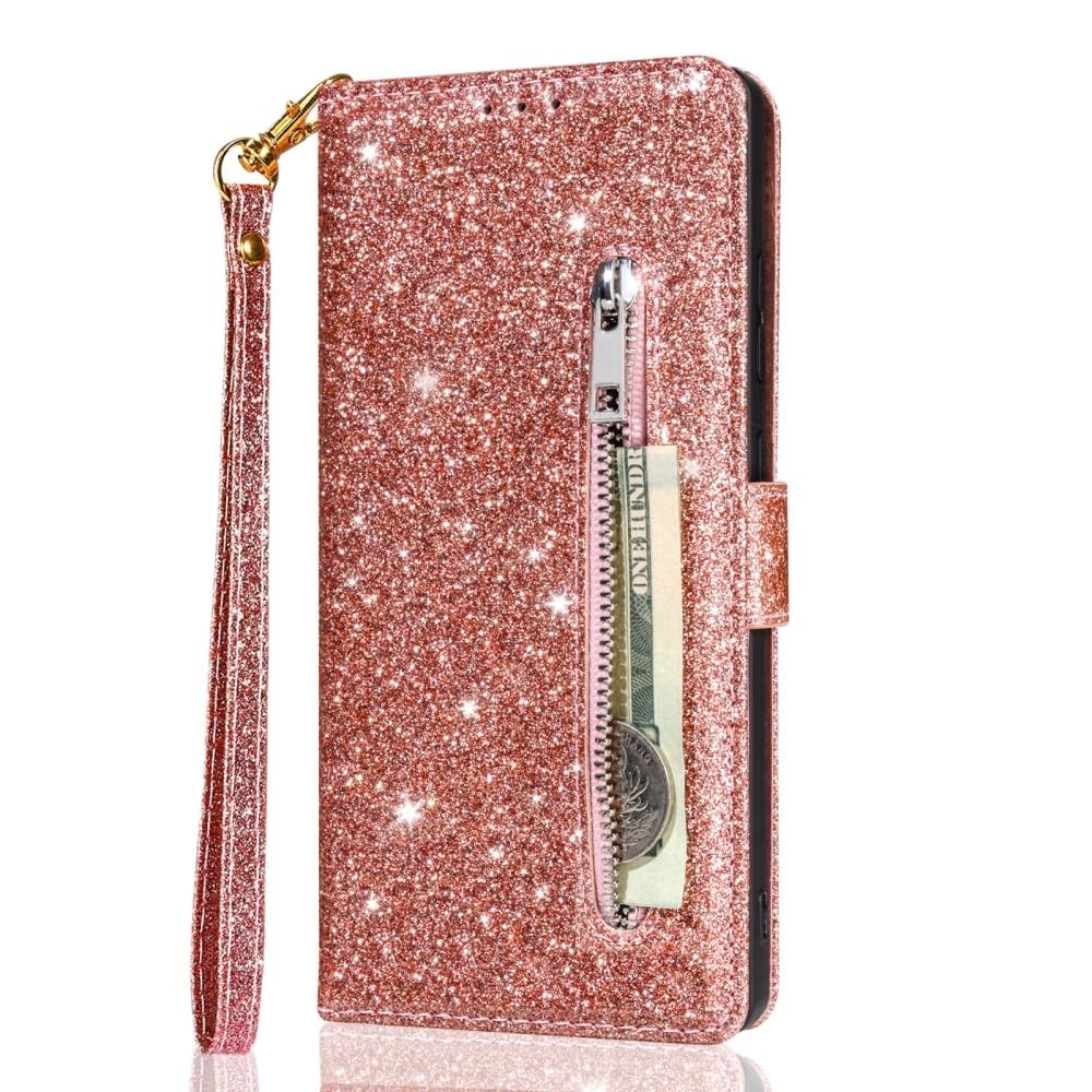 Generic Compatible avec Samsung Galaxy S10E (couleur : or rose) Étui portefeuille en cuir avec fermeture éclair à paillettes
