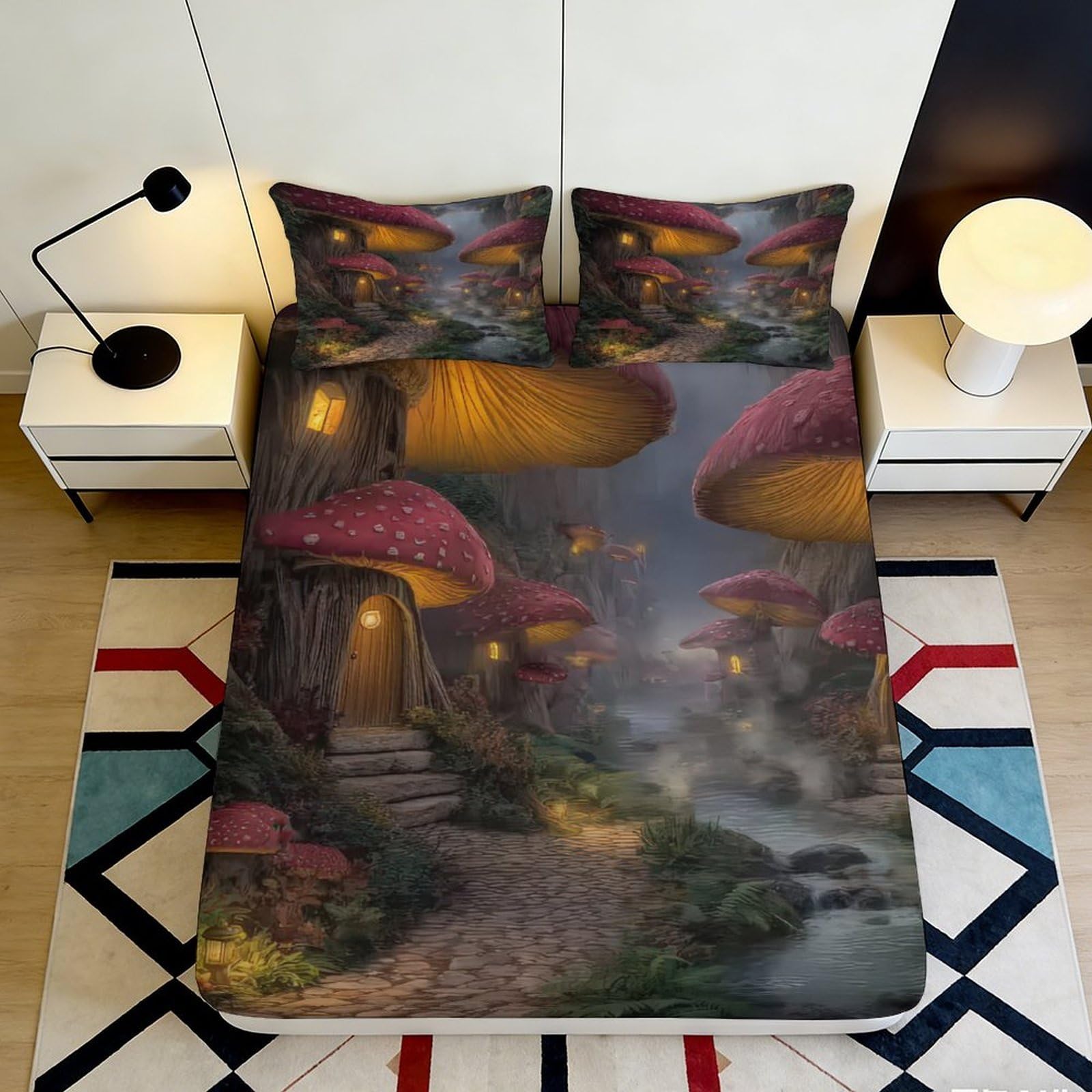 3D Printed Fantasy Mushroom Village Fitted Sheet Microfiber Soft Durable Enchanted Forest Bed Cover for Bedroom Dormitory Guest Room Mattress Protection 140x200x25cm
