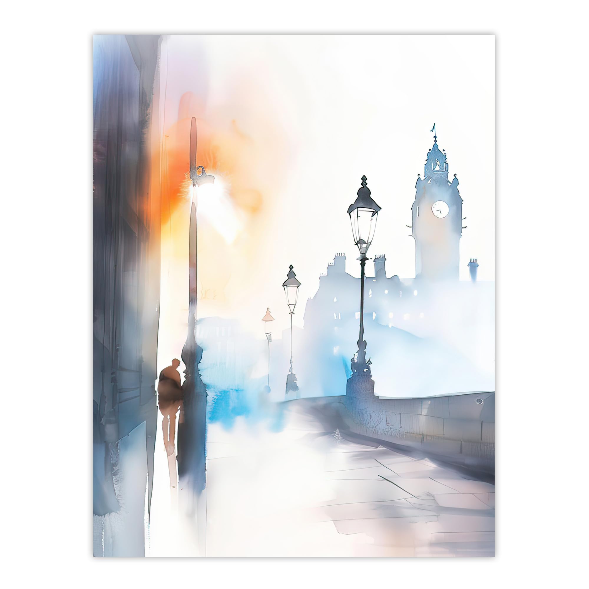 Artery8 Misty Edinburgh Sunrise Bright Watercolour Living Room Extra Large XL Wall Art Poster Print