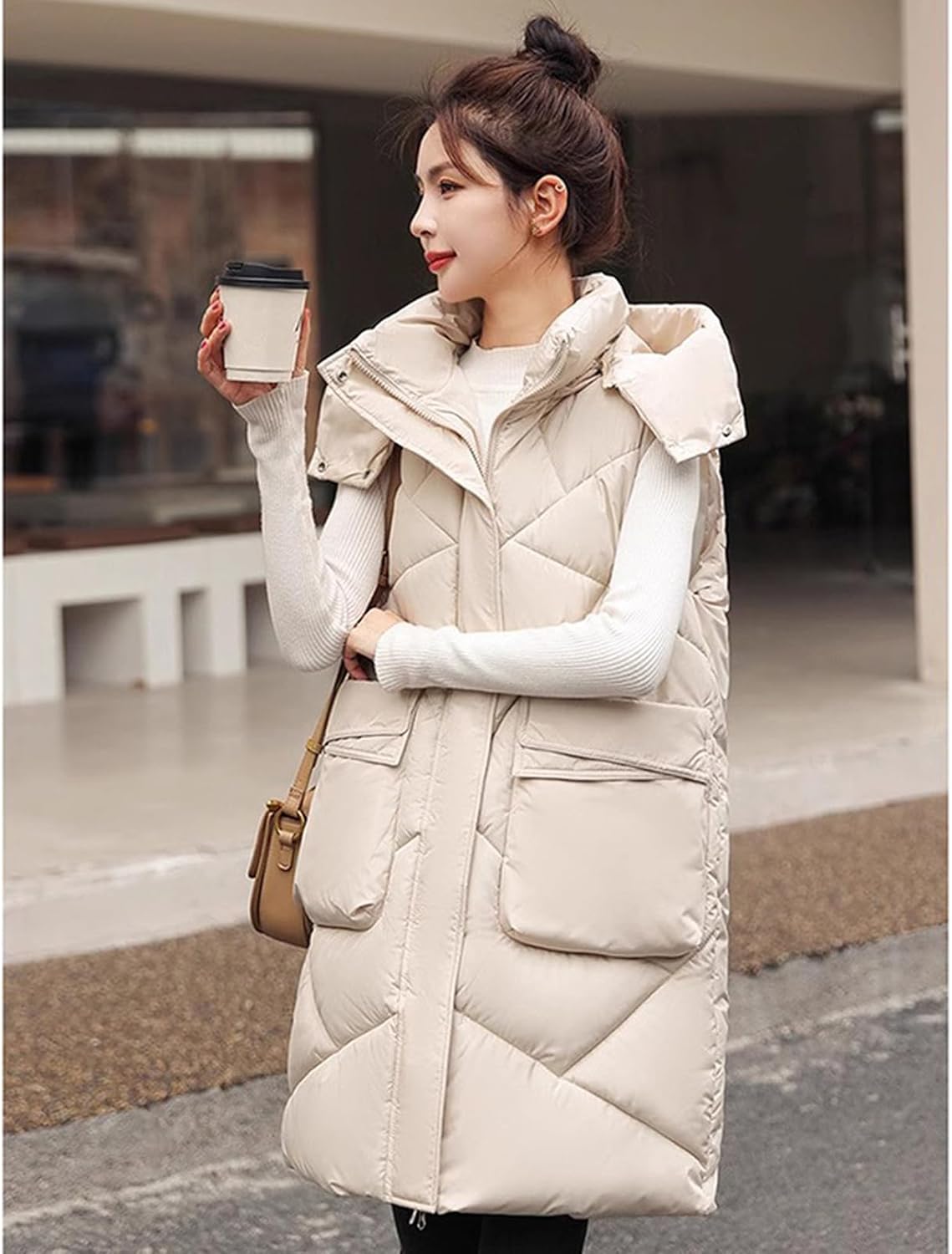 ダウンベスト レディース 春秋冬 フード付き ミドル丈 厚手 防寒 防風 暖かい 大きいサイズ ゆったり 体型カバー ファッション