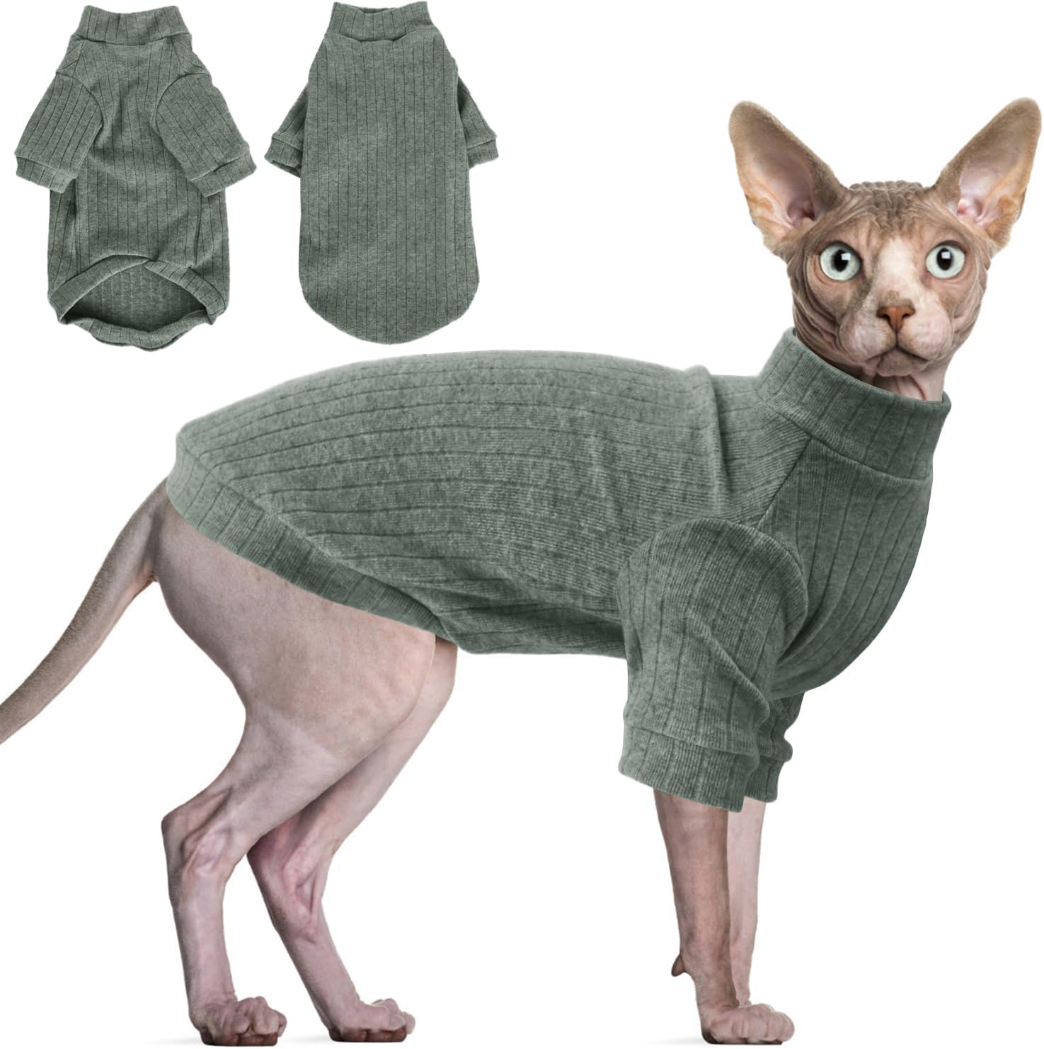 Idepet Sphynx Hairless Cats Sweater Shirt Kitten Soft Puppy Clothes Pullover Cute Cat Pajamas Jumpsuit Cotton Apparel Pet Winter Turtleneck for Cats and Teacup Chihuahua Small Dogs(Green,S)