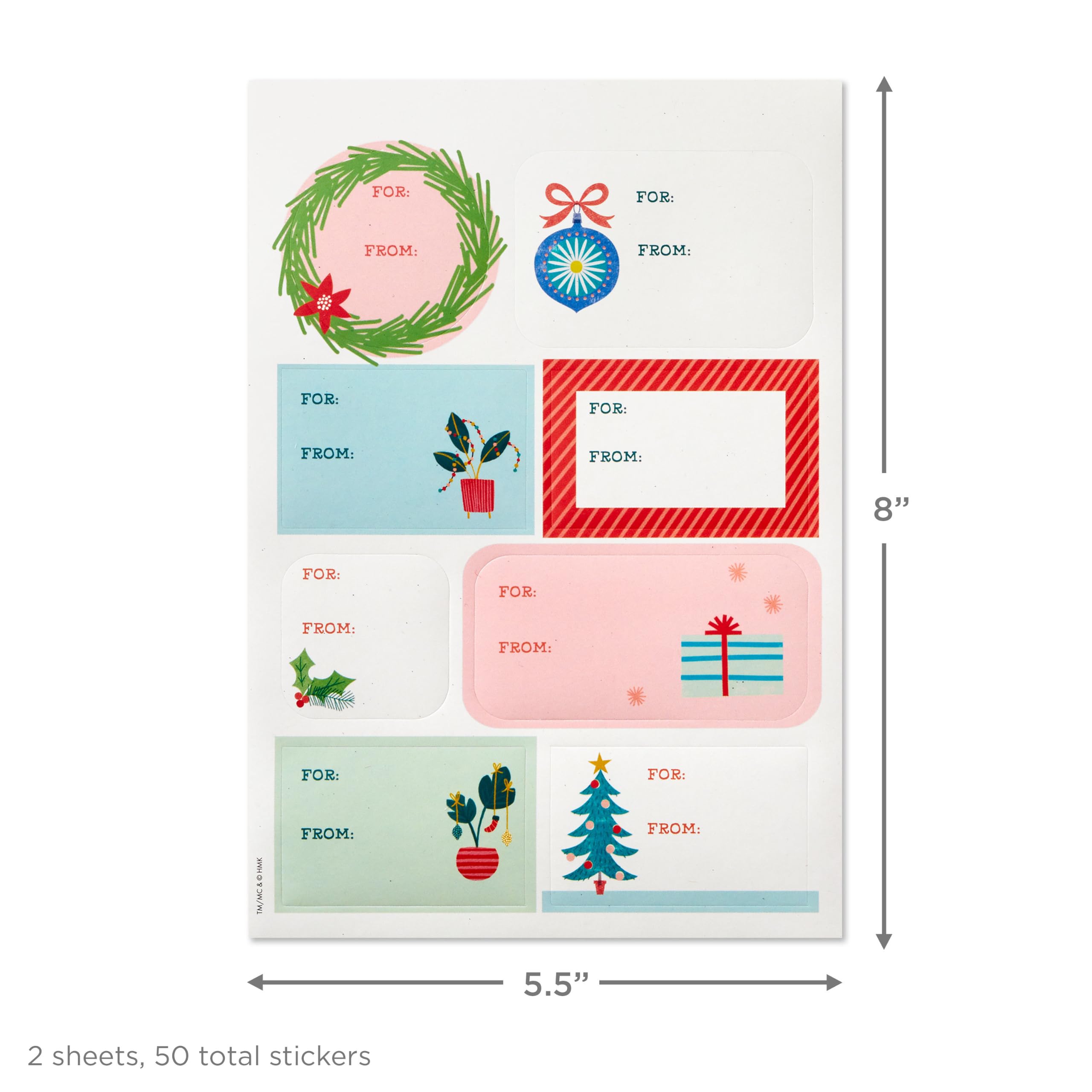 Hallmark Süßes Weihnachts-Geschenkpapier mit Cutlines auf der Rückseite (12 gefaltete Bögen mit Aufkleber-Geschenkanhänger) Rosa, Mintgrün, Pflanzen, Kaktus, Geschenke, Ornamente