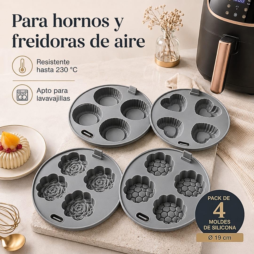 Pack 4 Moldes Silicona Freidora de Aire y Horno Redondos Ø19 cm, – Accesorios Air Fryer Reutilizables con Formas – Moldes antiadherentes sin BPA, Aptos Horno y lavavajillas |