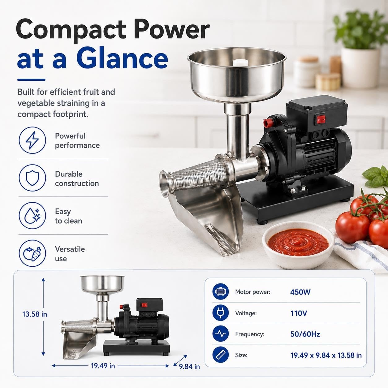 Machine À Sauce Tomate Commerciale 450 W, Moulin En Acier Inoxydable | Passoire et auge réglables, débit de 50 à 160 kg/h, for tomates, baies, pommes, citrouilles(Black)