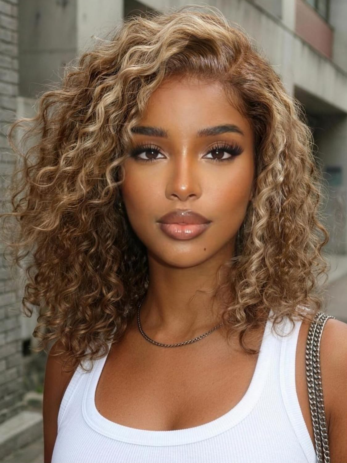 UNICE Glueless Curly Bob Wig Human Hair, Honey Blonde Highlight Side Part Short Bob Wig