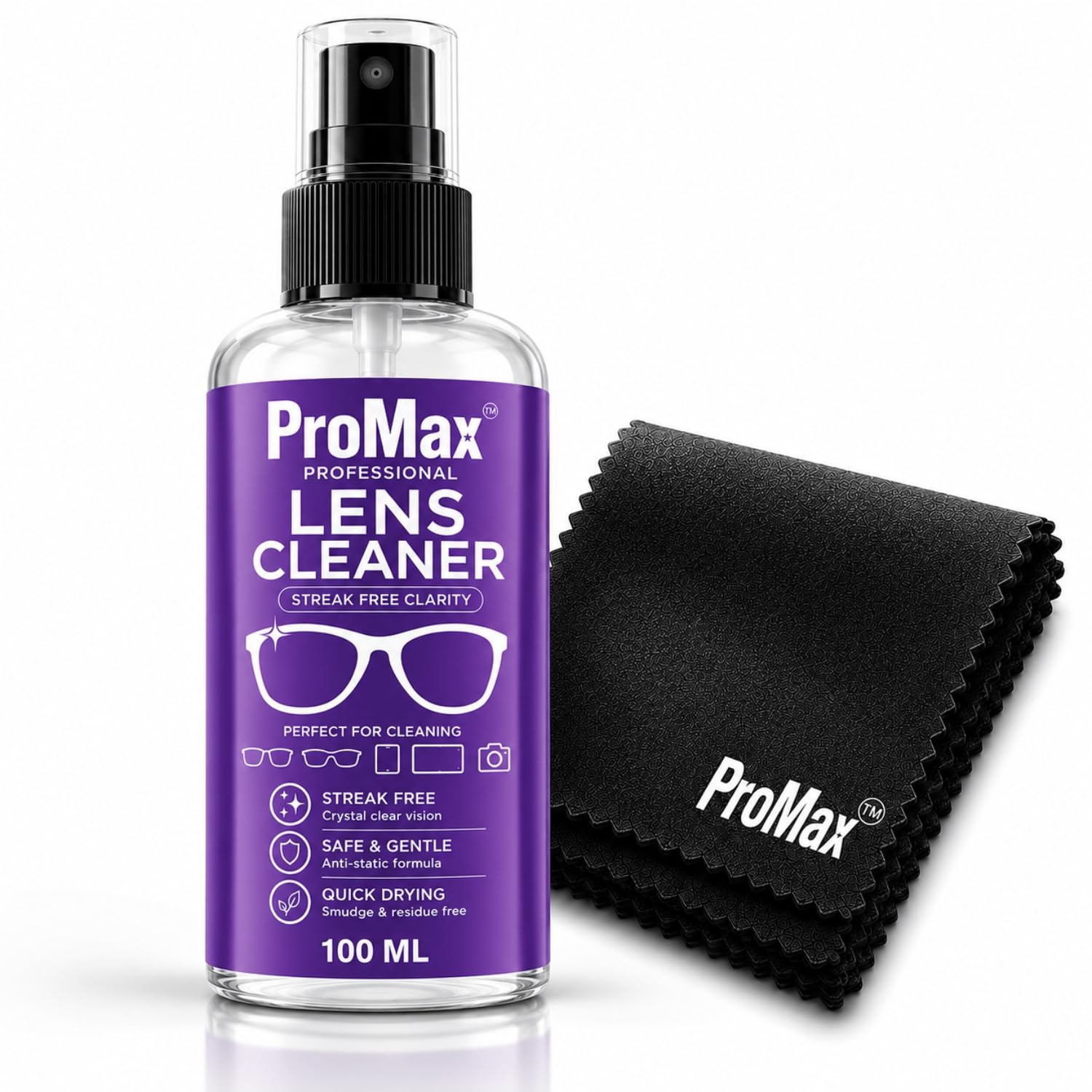 Lens Cleaner Spray 100ML with Microfiber Cloth for Eyeglasses Spectacles Sunglasses Camera Lenses Binoculars Optical Cleaning Fluid Removes Fingerprints Dust Smudges Leaves Crystal Clear Finish-image-11