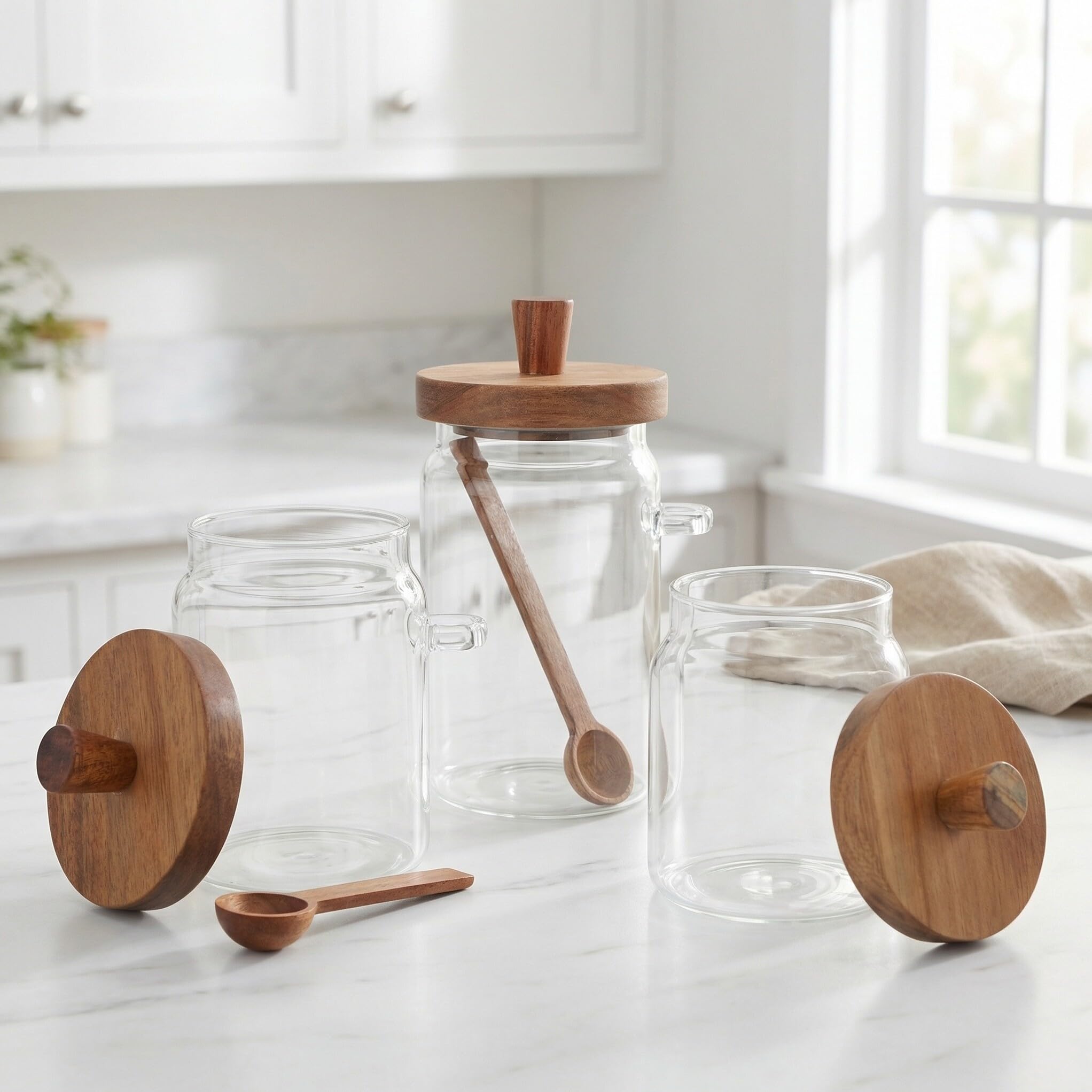 NUOBESTY Juego de 3 Recipientes de Vidrio para Detergente en Polvo con Tapa de Madera y Cuchara Medidora, Capacidad 400ml 600ml 900ml, Contenedores para Lavandería y Almacenamiento