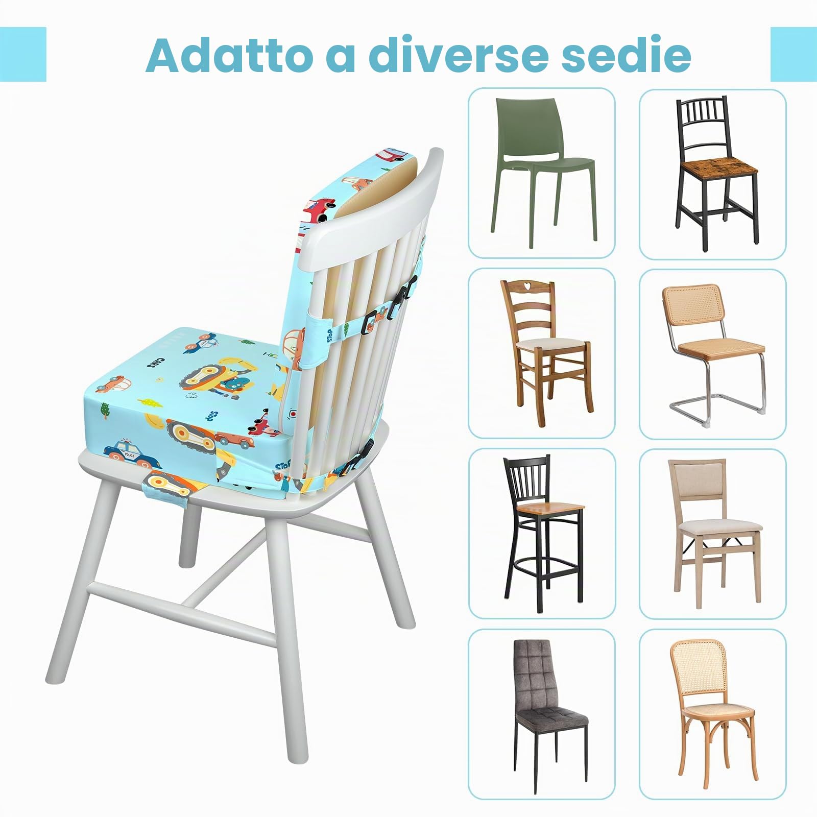 Rialzo Sedia per Bambini 2 Pezzi, PU Portatile Alzasedia da Tavolo, Cuscino Sedia con Cinghie Regolabili, 36x32x10cm, Escavatore