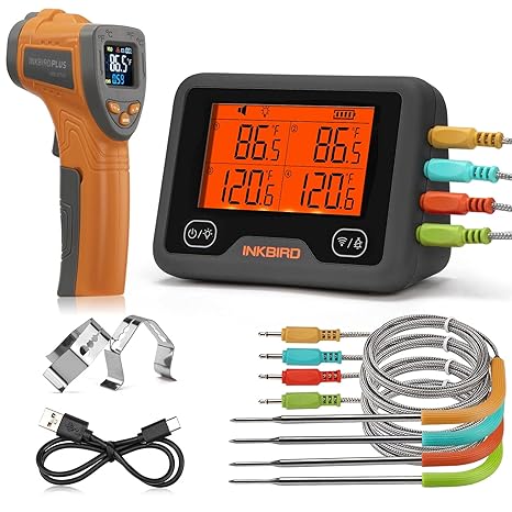 Review Wi-Fi/Bluetooth Smart Wireless Meat Thermometer IBBQ-4BW & Infrared Thermometer (Not for Human) -58℉~1022℉ Laser Temperature Gun, Inkbird BBQ Thermometer for Kitchen, Smoker, Rechargeable