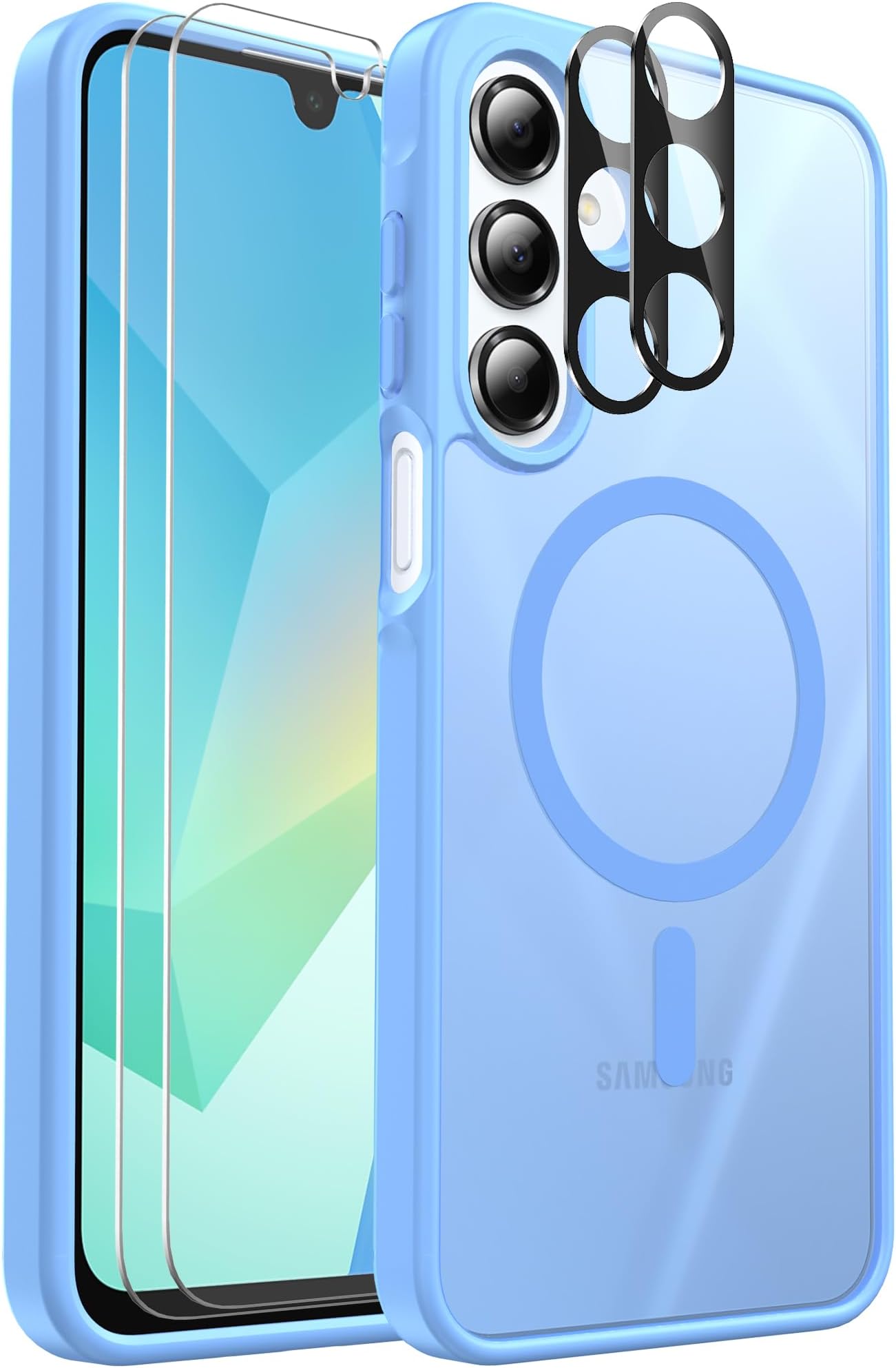 Ezanmull for Samsung Galaxy A16 5G Phone Case Magnetic Shockproof, [Fit for MagSafe] [Glass Screen Protector + Camera Lens Protector] Translucent Anti-Fingerprint (Light Blue)